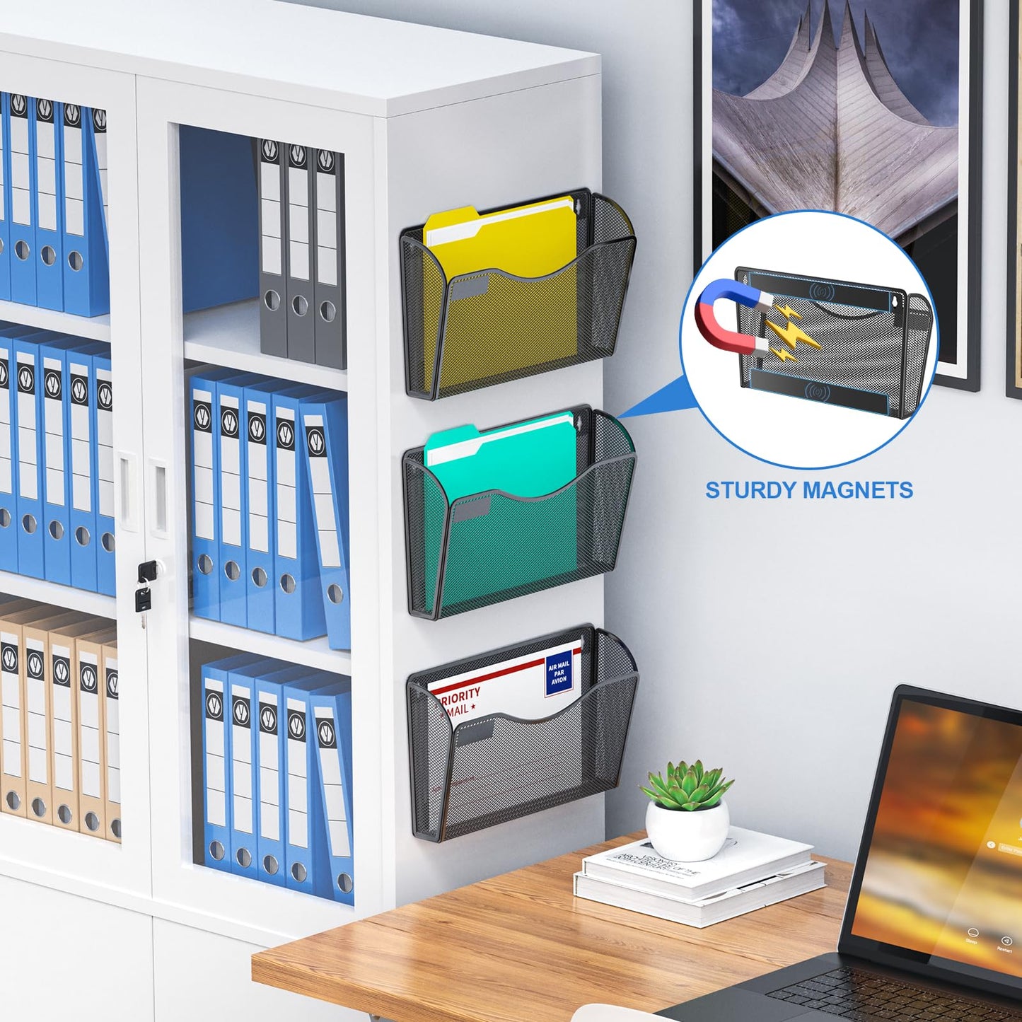 samstar 6 Pack Magnetic File Holder, Mesh Wall File Organizer File Pocket Mail Organizer Paper Folder Holder for Office/Home, No Drilling(Magnetic)
