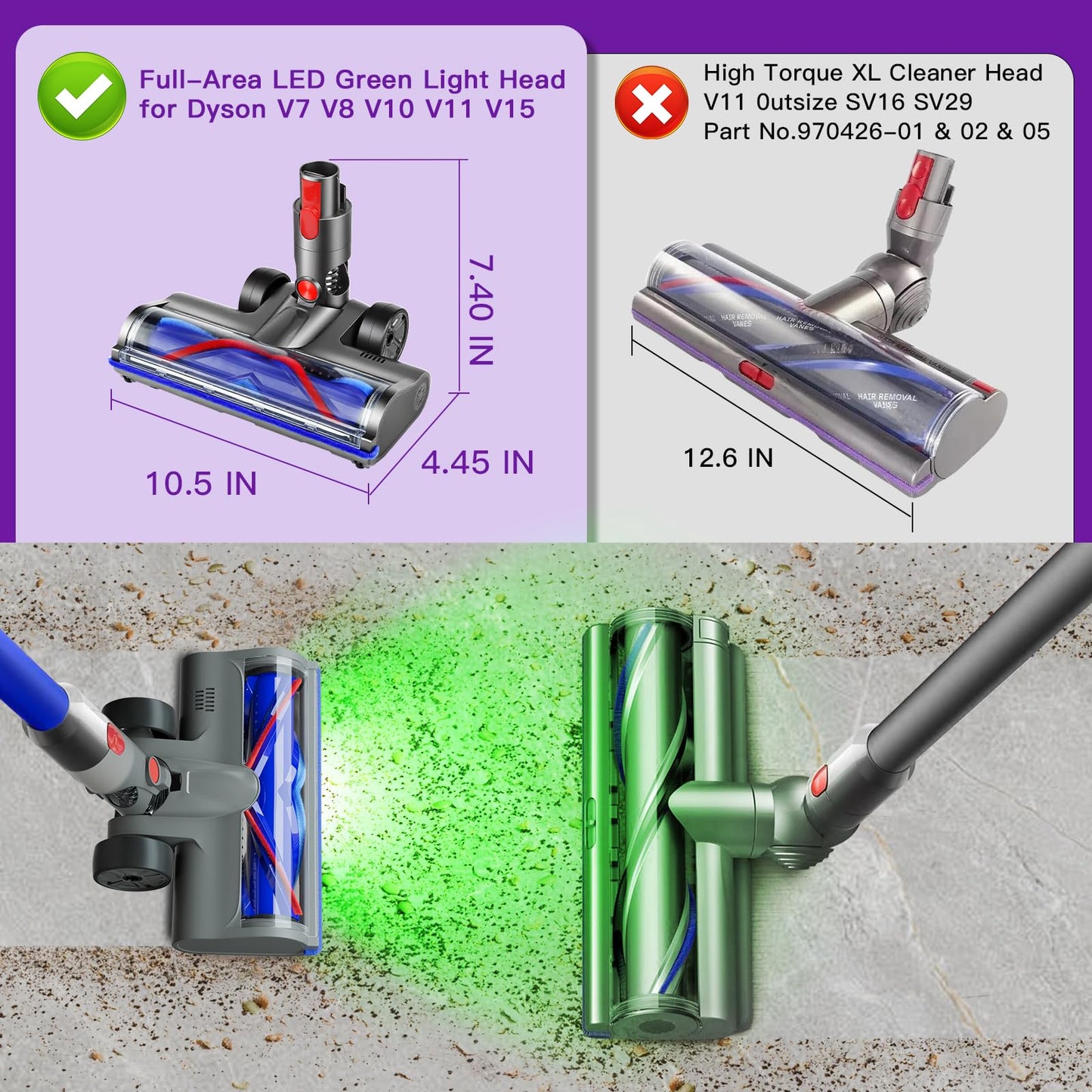 Lemige Upgraded 2 Brushes Vacuum Head Replacement Parts for Dyson V7 V8 V10 V11 V15 Cordless Vacuums, Quick-Release Anti-Tangle Motorhead with Full-Area LED Green Light and Soft Roller Cleaner Head