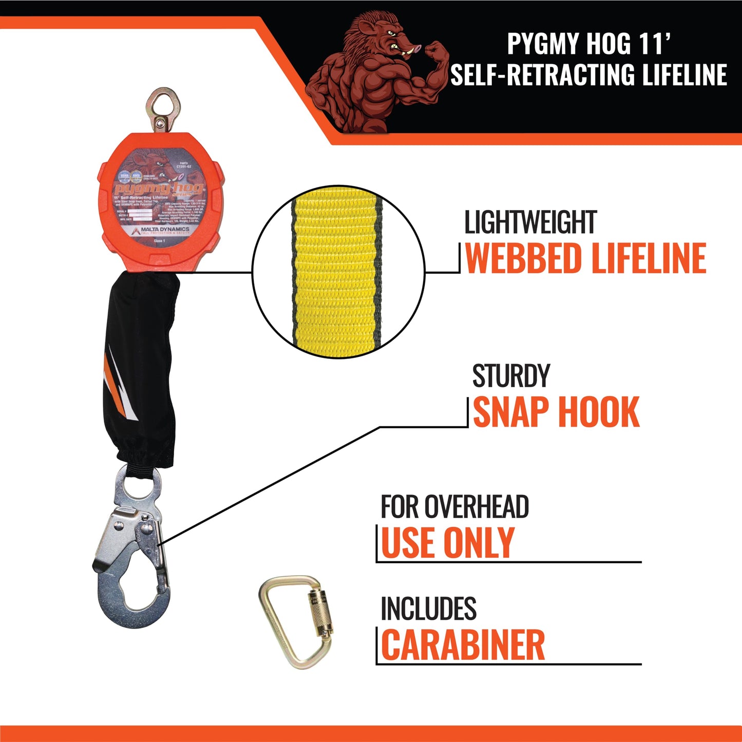 Malta Dynamics Pygmy Hog 11-Foot Web Self-Retracting Lifeline with Steel Snap Hook, OSHA/ANSI Compliant