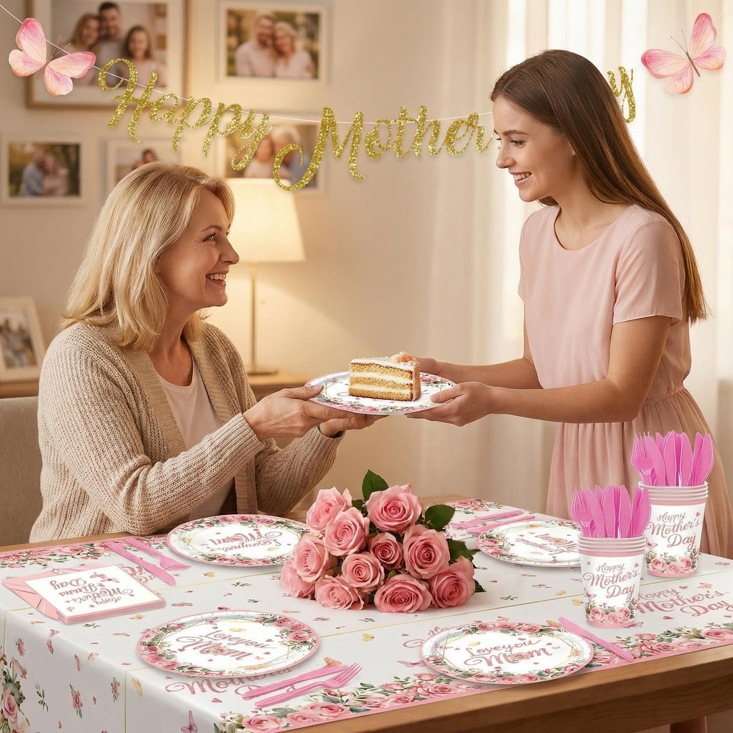 Happy Mothers Day Decorations Plates Set for Party - Serves 24, Includes Happy Mothers Day Banner, 2 Mothers Day Tablecloths, Pink Floral Plates, Napkins, Cups Table Decor Sign for Mom