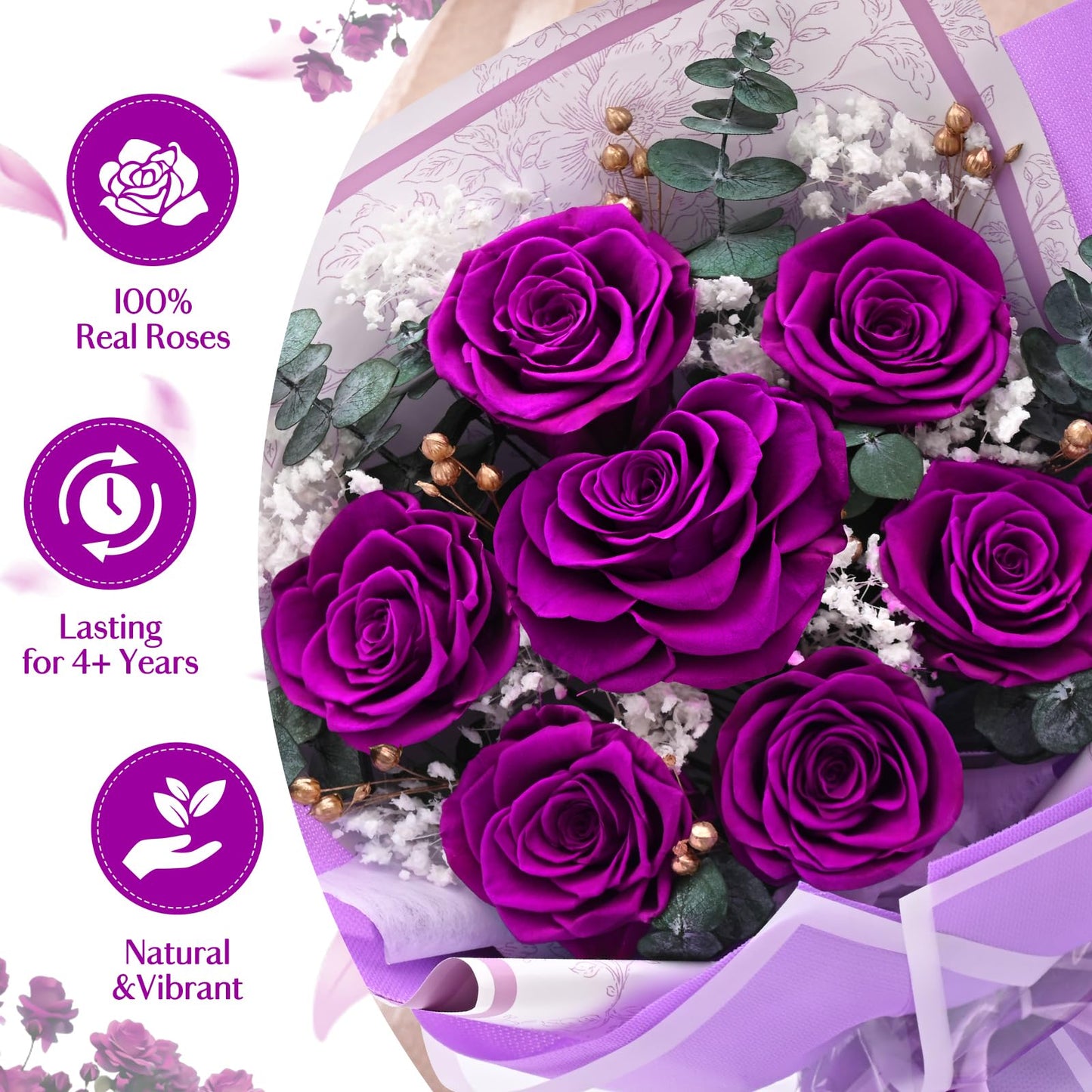 Forever Rose Flowers for Delivery Mothers Day Gifts, 7-Piece Purple Preserved Roses Flowers Bouquet with Vase Gift Box, Long-Lasting Flower Bouquet for Mom Her Women Wife Girlfriend Mothers Day
