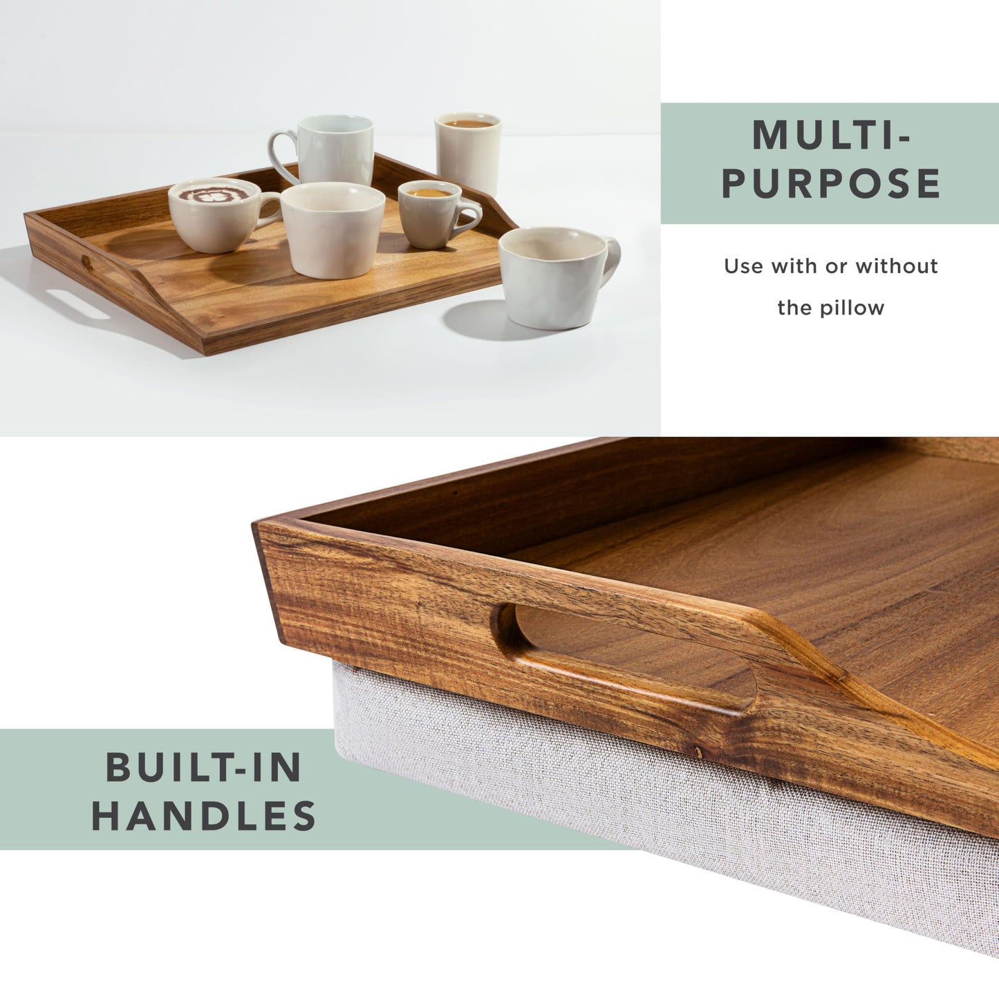 ROSSIE HOME Acacia Wood Bed Tray, Lap Desk with Detachable Cushion, Serving Tray - Natural - Fits up to 15.6 Inch Laptops - Style No. 76106