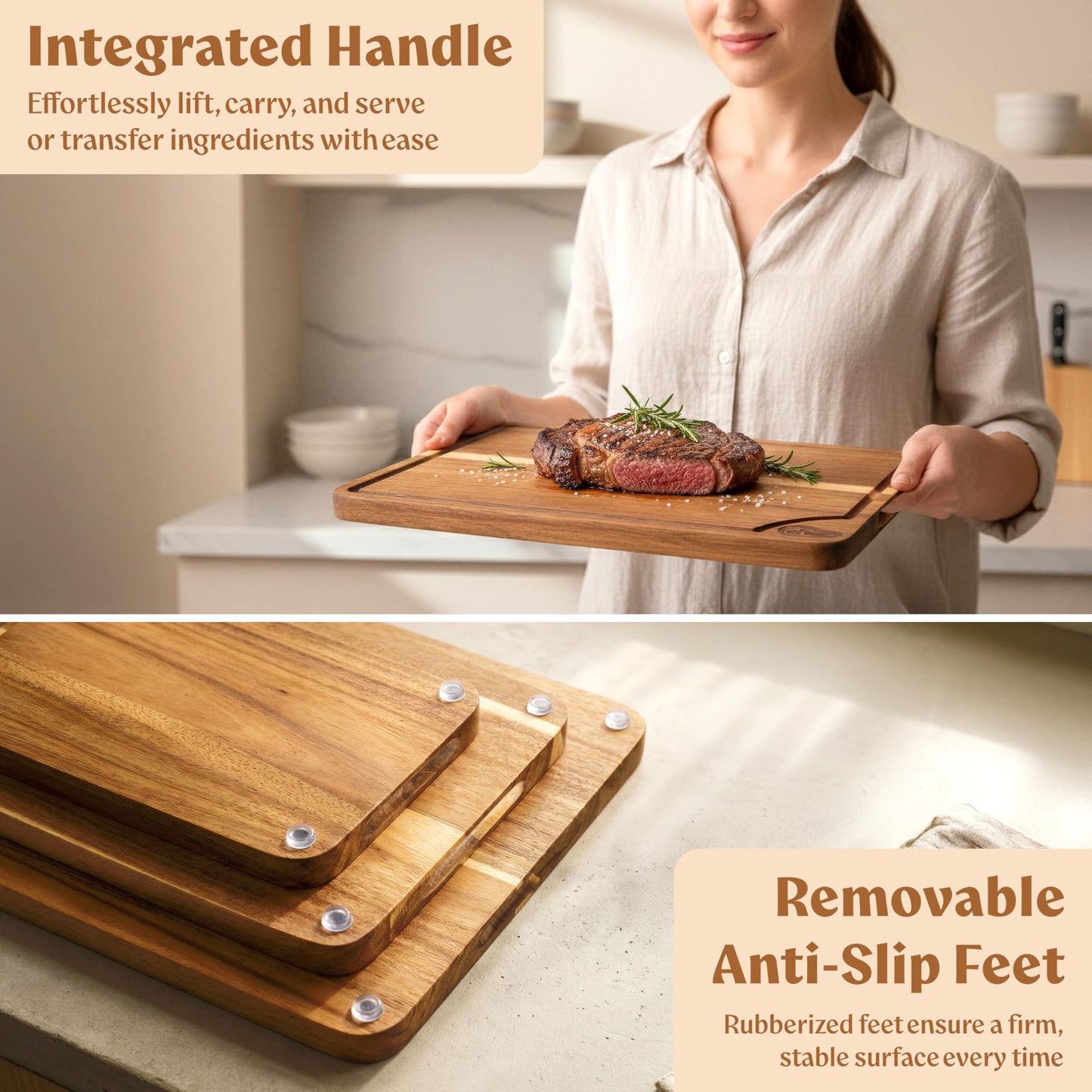 EDELHAUS Cutting Boards for Kitchen (Set of 3) Beeswax Finished Acacia Wood Cutting Board, Mineral Oil Free Wooden Cutting Boards non Toxic with Juice Groove, Non-Slip Feet, Charcuterie Boards