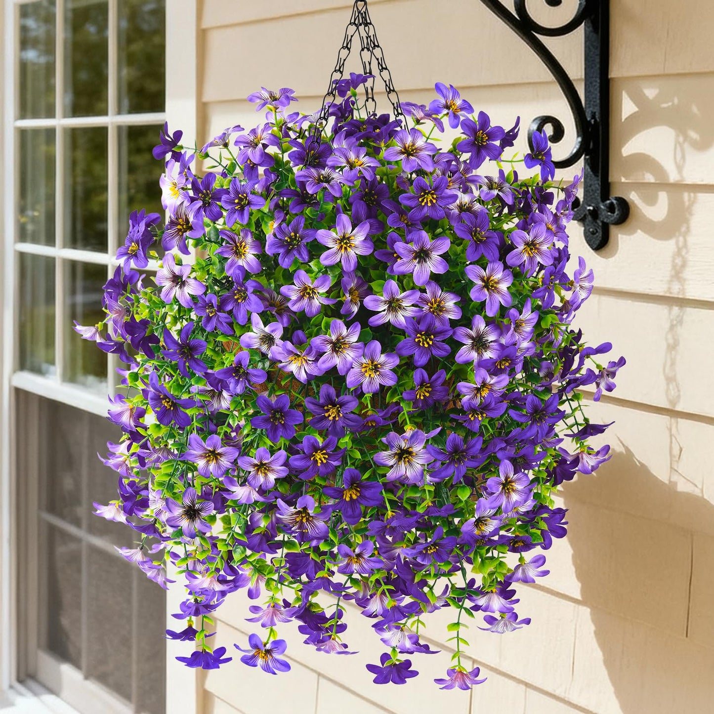 Artificial Faux Hanging Flowers Plants Baskets for Outdoors Fake 3 Bundles Silk in Planter UV Resistant for Porch Patio Balcony Garden Yard Home Decor (3Pcs Purple,1Pcs Hanging Basket)