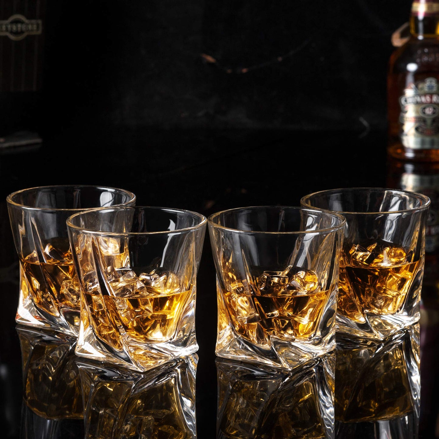 KANARS Whiskey Glasses Set of 4, 10 Oz Crystal Old Fashioned Cocktail Glass in Gift Box, Twisted Lowball Bourbon Tumbler for Scotch Whisky Cognac, Rock Barware for Men Gift Christmas