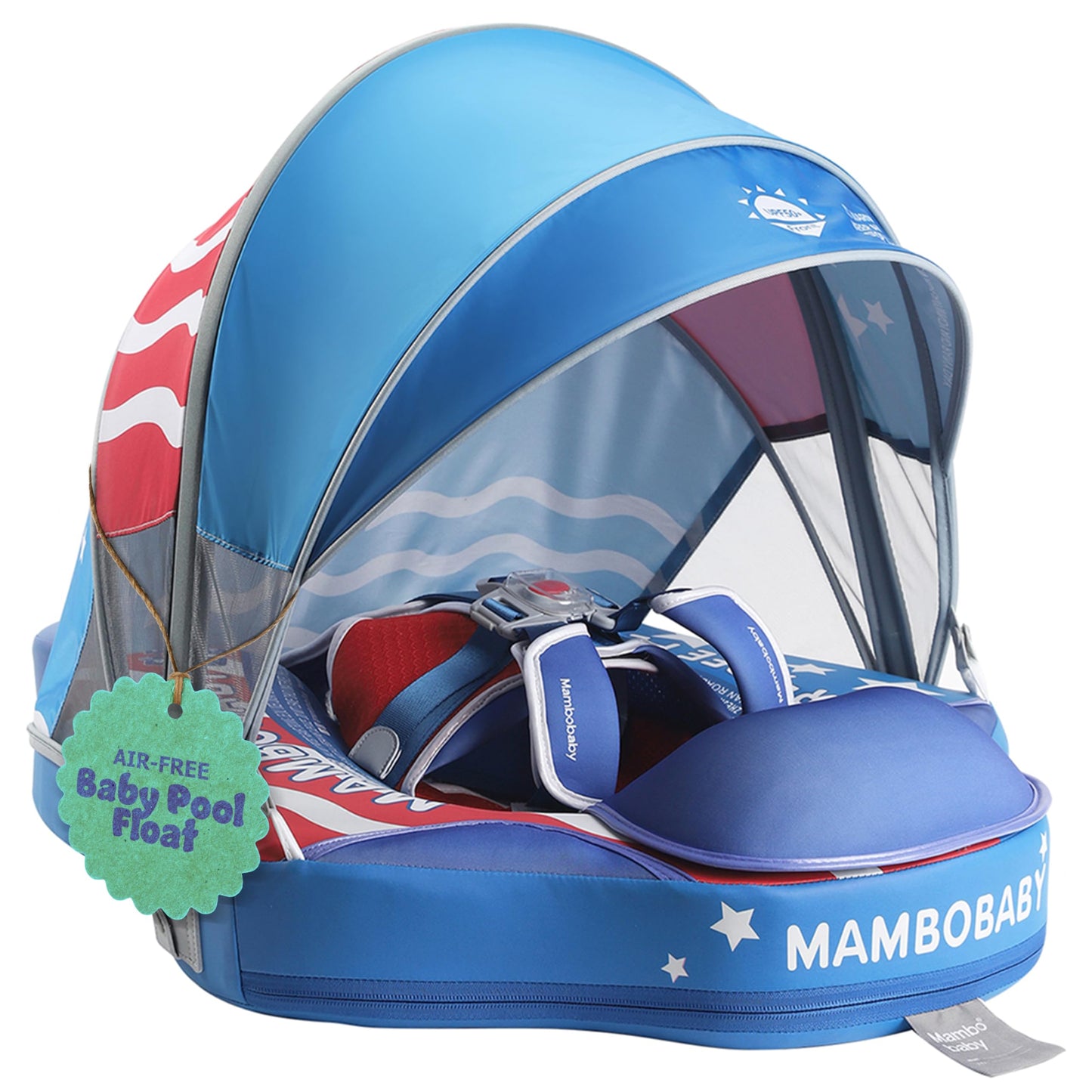 MAMBOBABYFLOAT Sunny Navigator Baby Pool Float with Canopy 2025 — Safe, Comfortable, Adjustable American Flag Pool Float w/Sun Protection, Air-Free Foam Technology, 5-Way Buckle System