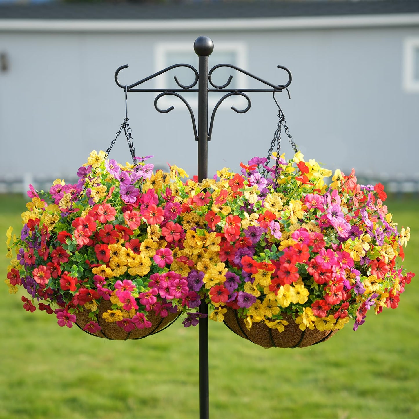 Stymedeca 2 Set Artificial Flowers Faux Hanging Plants Basket for Spring Summer Outdoor Outside Decoration, Fake Silk UV Sun Resistant Daisy Eucalyptus for Porch Home Patio Balcony Yard Decor