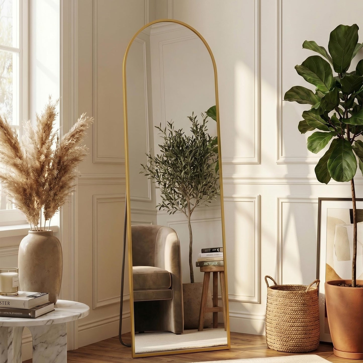 Suidia 56"x14" Arched Full Length Mirror with Stand, Full Body Mirror with Aluminum Frame, Freestanding/Leaning/Wall-Mounted, Floor Mirrors for Bedroom, Living Room, Entryway, Dressing Room, Gold