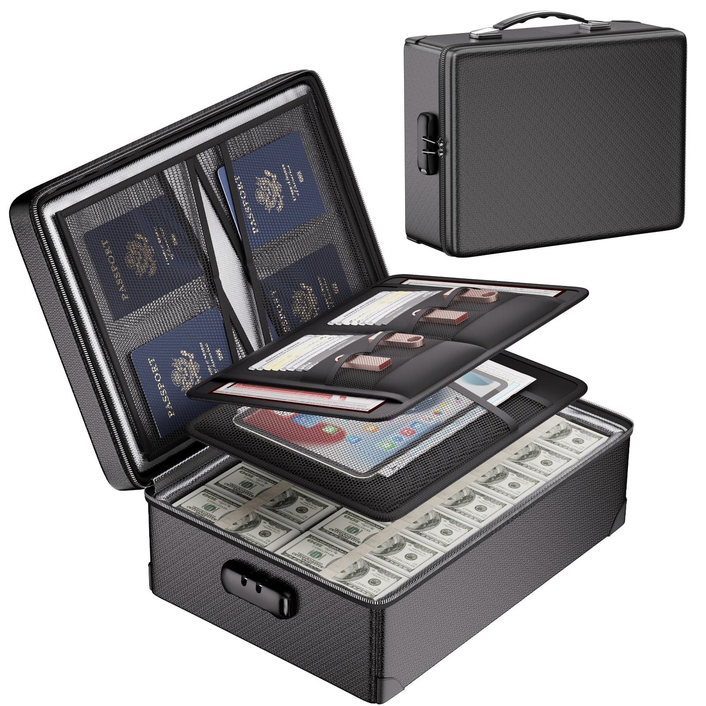 DocSafe Fireproof Document Box with Lock - 12 Layers Heat Insulated File Organizer Hard Case Safe Box with Fireproof Zipper, Home Safe Protects Important Documents, Passport, Cash (Black)