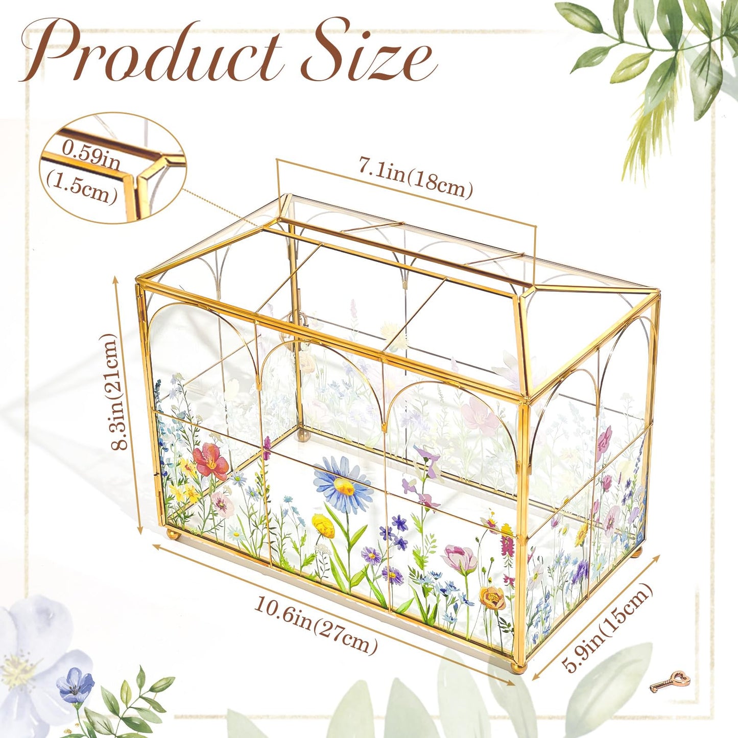 AerWo Glass Wedding Card Box with Lock, Gold Rim Gift Card Box for Wedding with Flower Patterns, Clear Wedding Card Boxes for Reception Memory Money Box for Graduation Baby Shower Birthday Party Decor