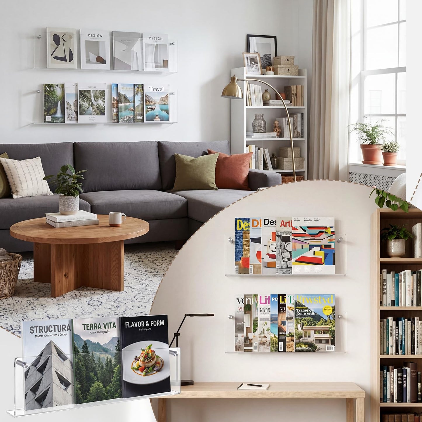 Fiwochic 2 Pack Clear Acrylic Magazine Holder Brochure Holder Wall Mount Hanging Bookshelf Literature Storage Rack for Document Brochure File Display Shelf for Waiting Living Room Office (24 Inch)