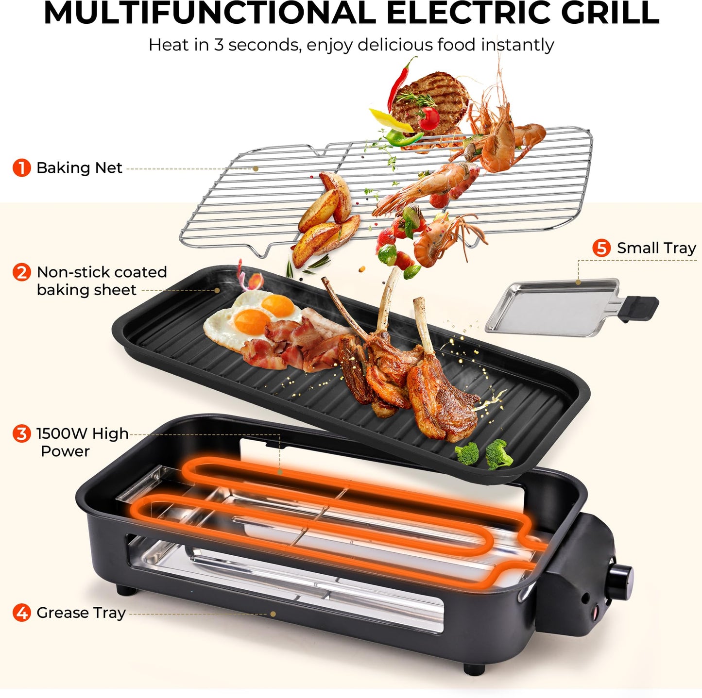 Pukomc Electric Indoor Grill,2 in 1 Indoor Grills for Kitchen with Grill Net & Non-Stick Cooking Removable Plate, Temperature Control, Dishwasher Safe, 1700W Black