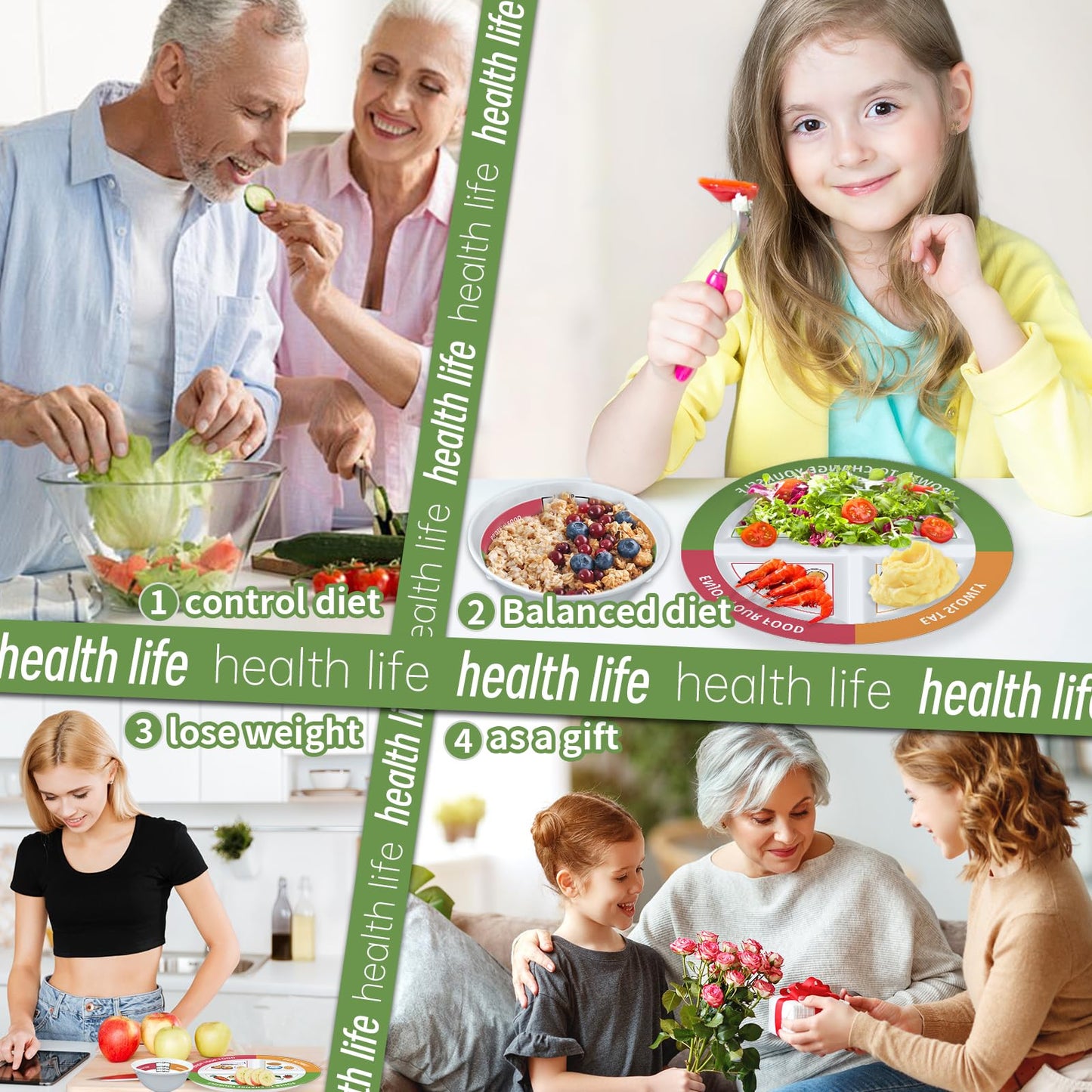 VIYNRAN 4 Pcs Portion Control Plates & Bowls Set (9 Inch), Self-Measuring for Weight Loss, Gastric Bypass, LapBand, Diabetes, & Healthy Diets, Divided Nutrition Plates for Adults & Children