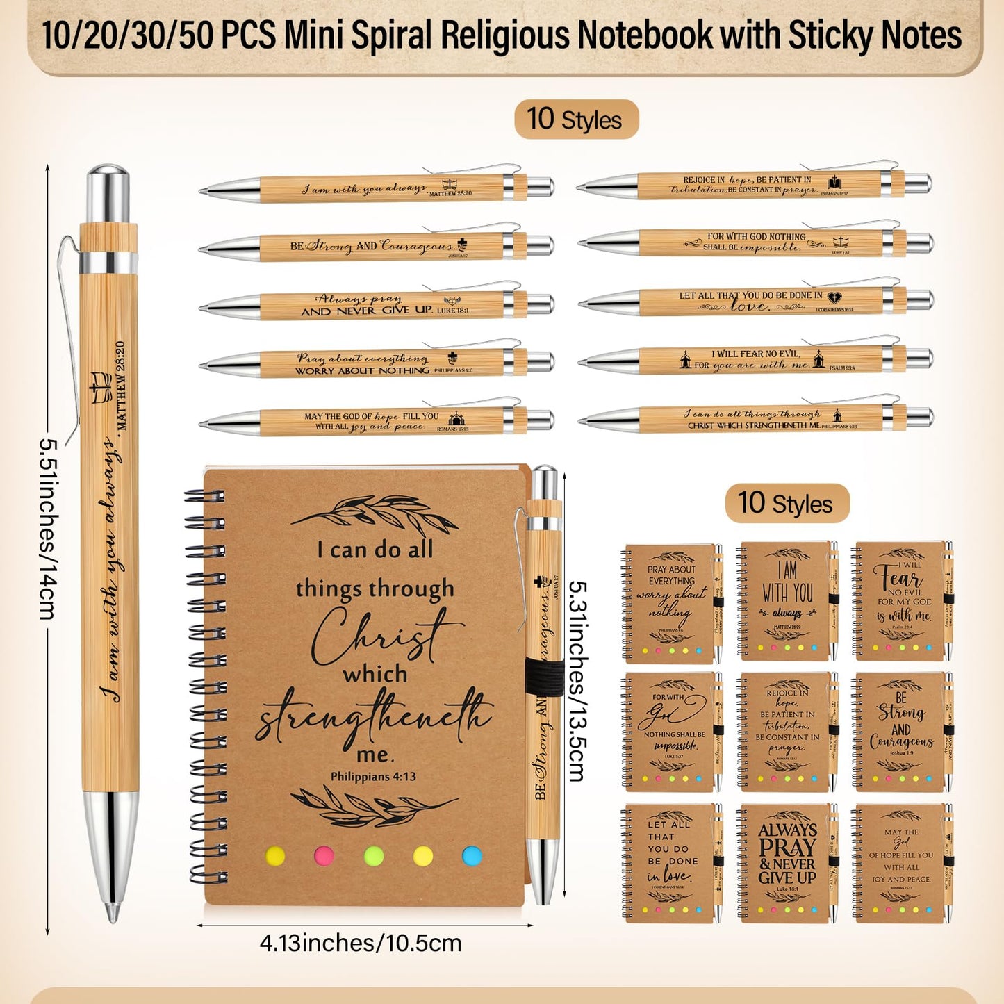 Spakon 30 Set Christian Gifts Bulk Church Gifts Religious Notebook Spiral Bible Verse Bamboo Pens Mini Bible Study Journal for Sunday School Employee Coworker Men Women (Brown)