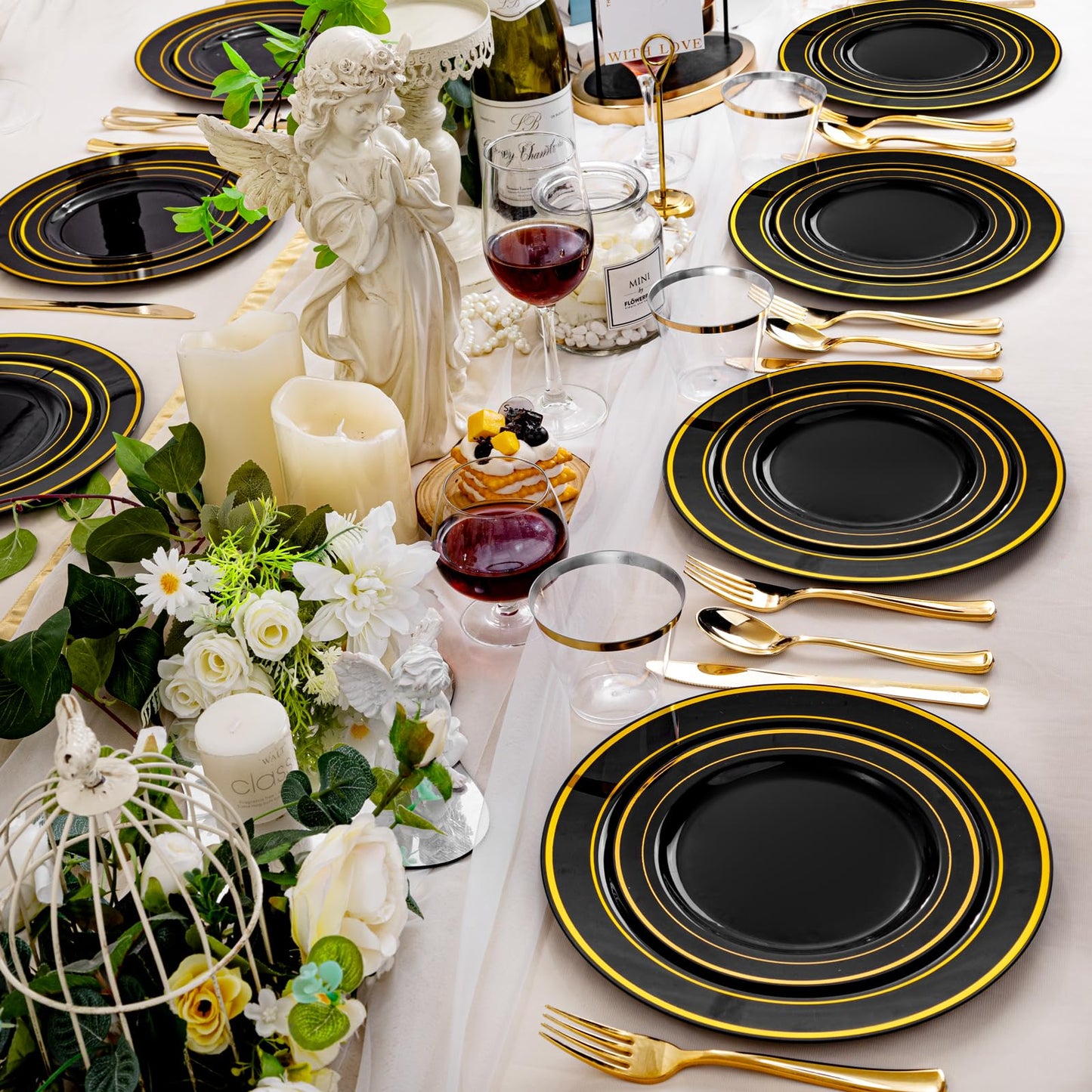 bUCLA 300PCS Black and Gold Disposable Dinnerware Set - 50 Guests Black Plastic Plates with Gold Rim Include 50 Dinner / 50 Dessert Plates, 50 Forks,50 Knives,50 Spoons&50 Cups for Party&Graduation