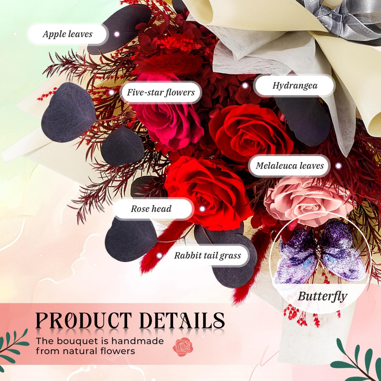 Preserved Flowers Bouquet Roses with Vases,Real Birthday Flowers for Delivery Prime,Forever Glitter Rose Bouquets Kit,Handmade Eternal Rosas Butterfly Gifts for Mom Birthday Women Girl (Red)