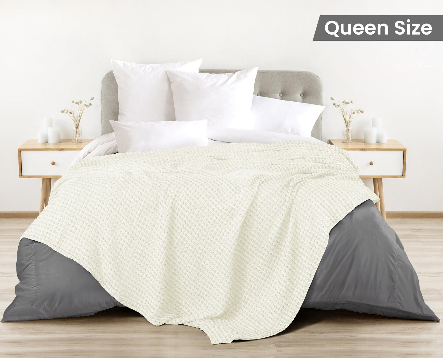 Utopia Bedding 100% Cotton Waffle Weave Blanket Queen Size for Bed - Lightweight, Breathable Summer Blankets Soft and Cozy, Gifts for Women Home Room Decor (Ivory, 90x90 Inch)