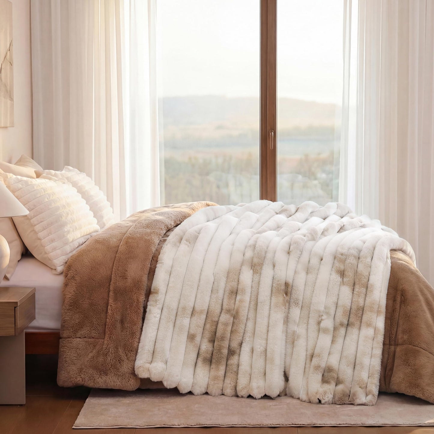 Smoofy Fluffy Faux Fur Throw Blanket - Super Soft Thick Plush Cozy Fuzzy Rabbit Fur, Luxury Warm Fleece Stripe Blanket for Couch, Sofa, Room Decor Gift for Women, Tie Dye Brown Throw, 50x60