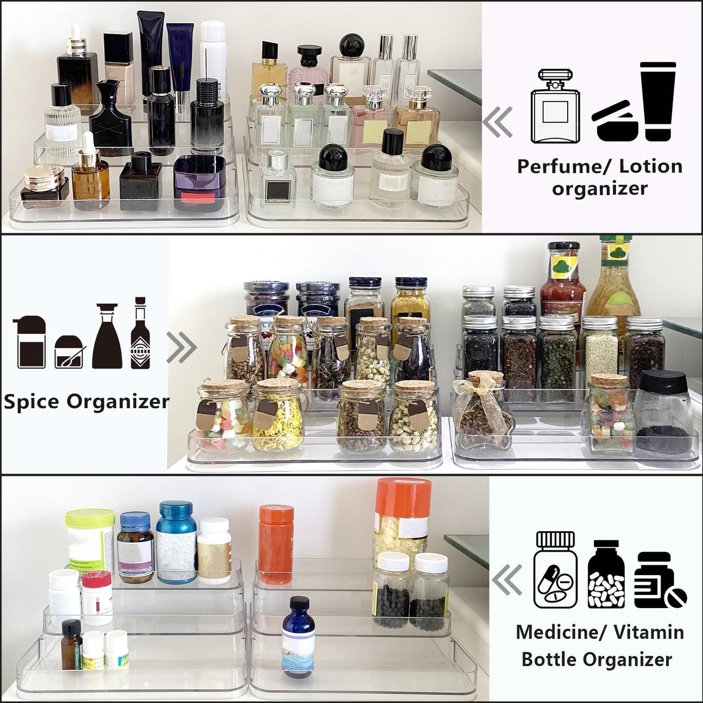 Rusnugic Perfume Organizer - 2 Pack Three-Tiered Shelf - Perfume Lotion Skincare Stand, Spice Vitamins Medicine Bottles Holder,Sturdy Clear Rack for Kitchen Bathroom Countertop Cabinet Storage
