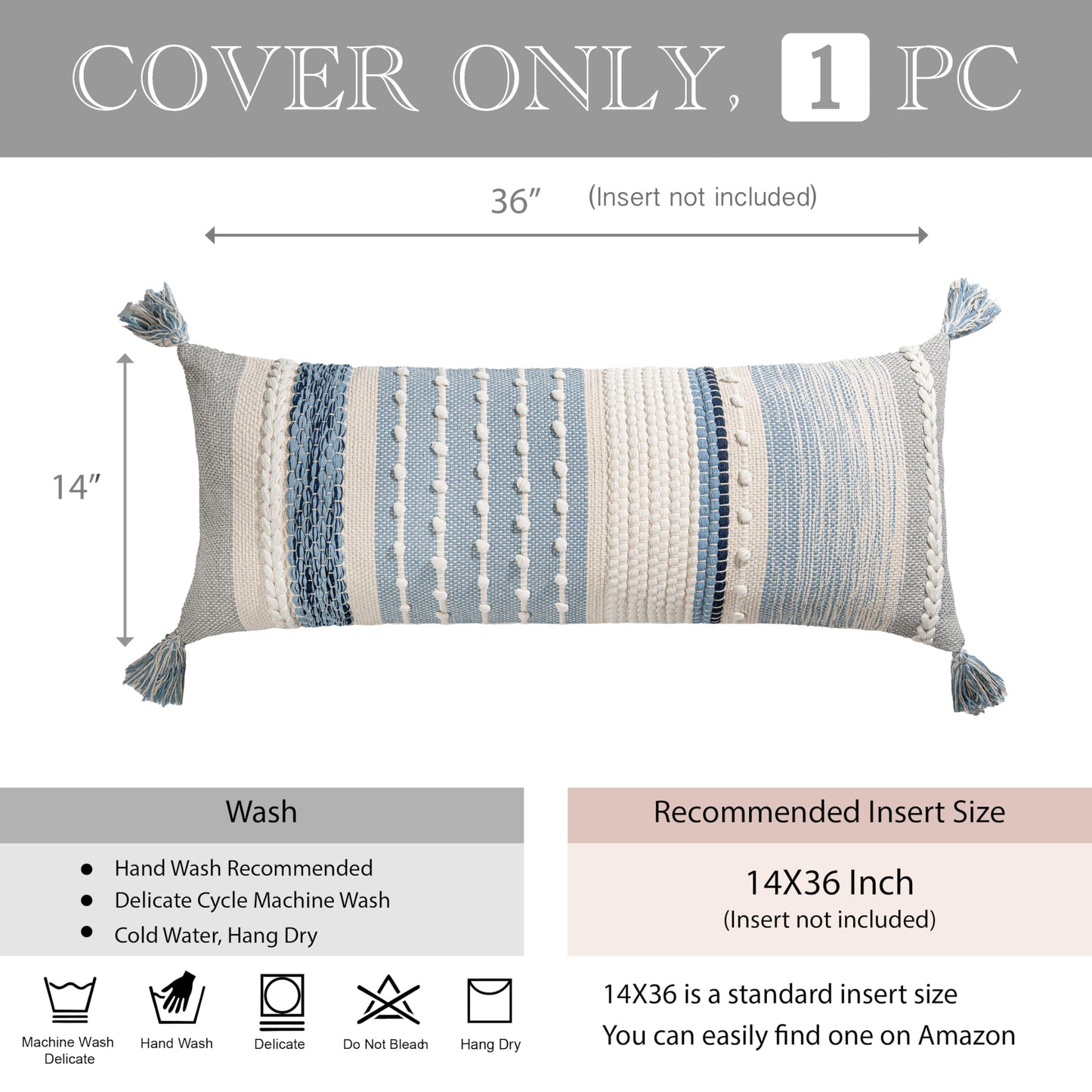 BlissBlush Coastal Blue Decorative Lumbar Pillow Cover 14x36 Boho Long Body Pillow for Bed Farmhouse Lumbar Throw Pillow for Couch Modern Accent Textured Throw Pillowcase
