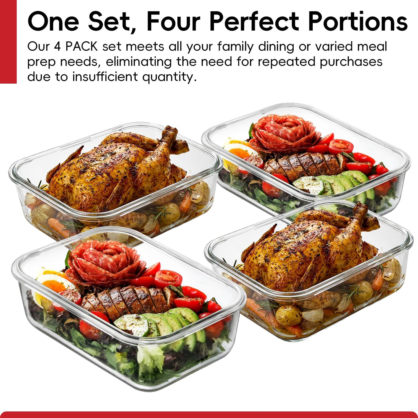 Snuvid 4 Pack 8 Cups/ 63oz Large Glass Storage Containers with Lids, Meal Prep Containers, Glass Food Storage with Airtight Lid for Baking, Leak Proof & Microwave, Oven Safe (4 Containers + 4 Lids)