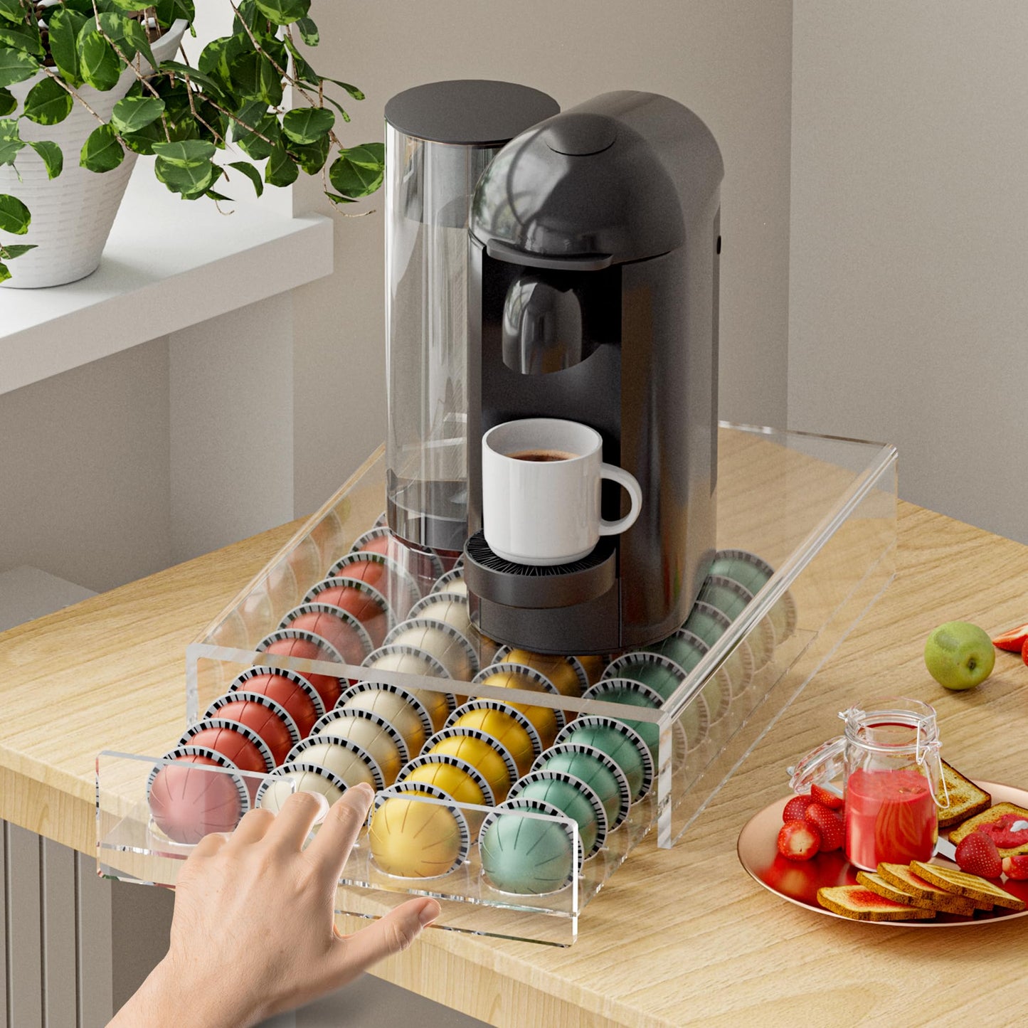 BXINREDA Acrylic Coffee Pod Organizer for Nespresso Vertuo Pod Holder 40 Pods Clear Vertuo Pod Storage Drawer (1 Tier) (Clear)