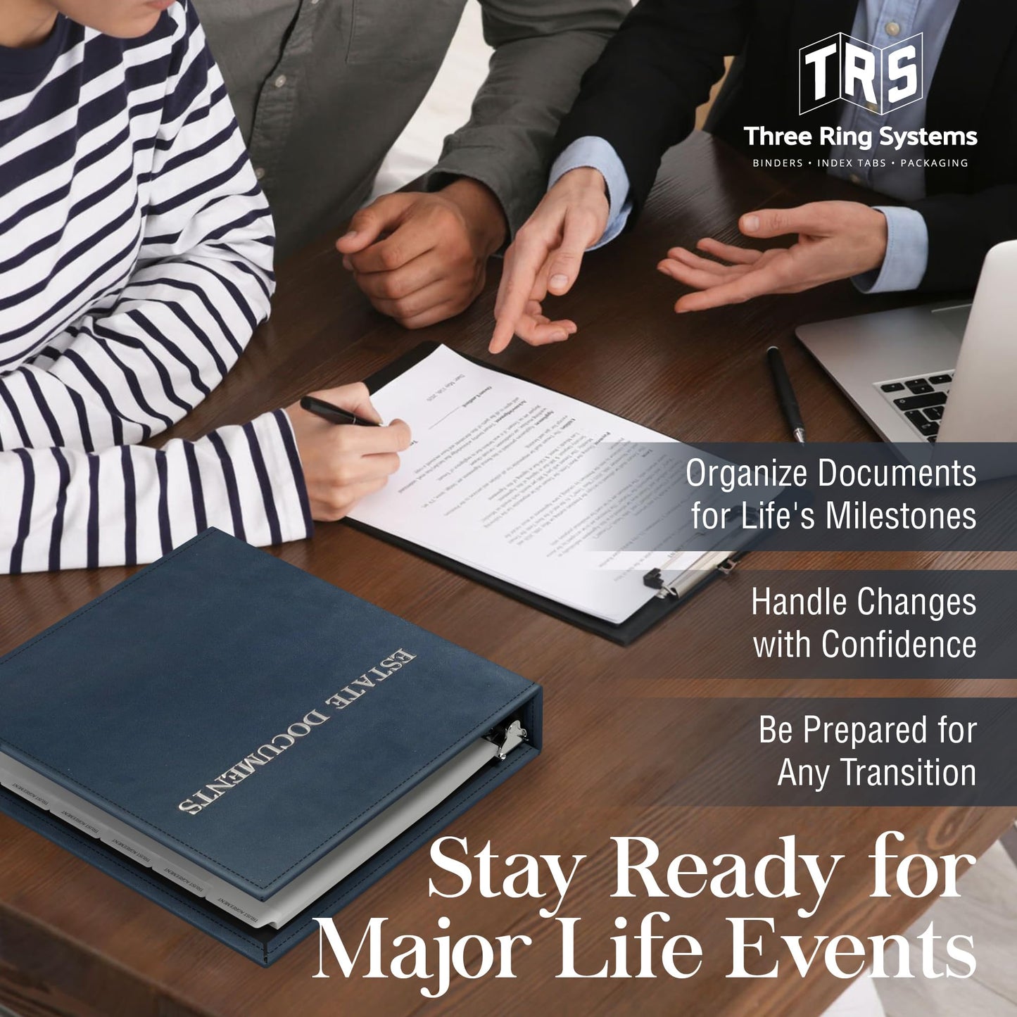 TRS Estate Planning Binder Kit – Pre-Labeled Tabs, Sheet Protectors | 1.5" D-Ring Stitched Faux Leather Organizer for Wills, Trusts, Power of Attorney & End-of-Life Planning | Silver on Navy