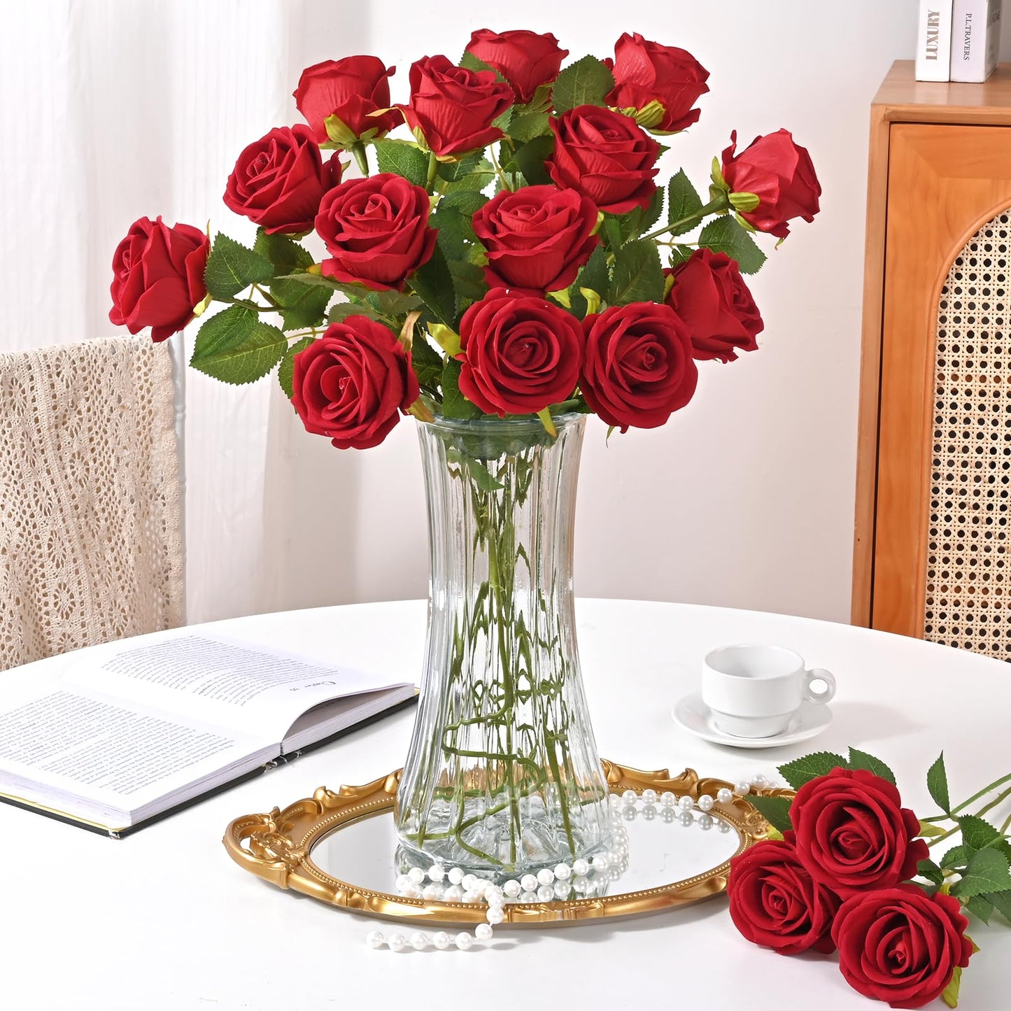 Waipfaru Red Roses Artificial Flowers Bulk, Real Touch Velvet Roses with Wrapping Paper, 50 Pcs Fake Flowers for Wedding Centerpieces Bridal Bouquet Valentines Mothers Day Graduation Decor