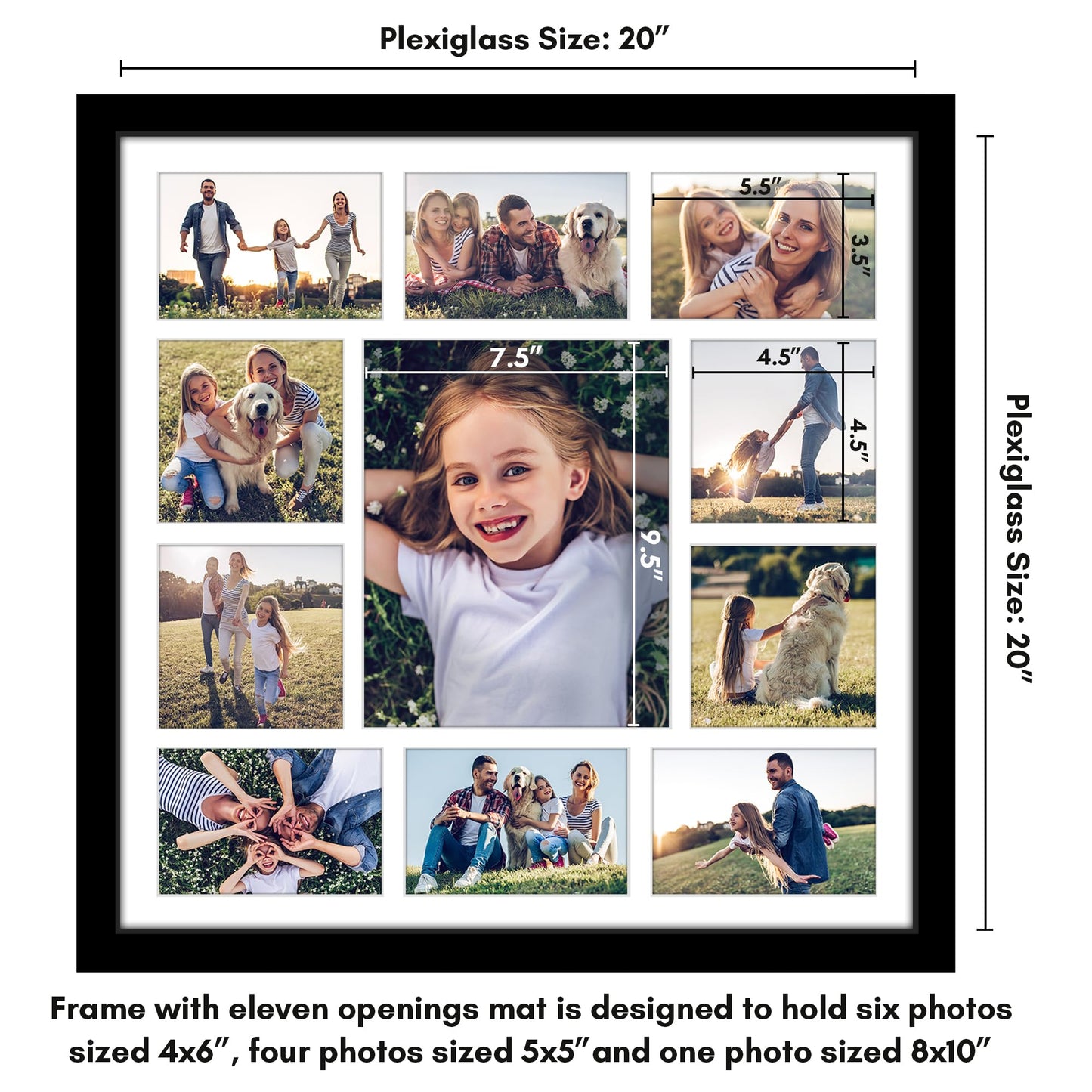 Americanflat 20x20 Collage Picture Frame with Polished Plexiglass - Multi Picture Frames Fit One 8x10, Four 5x5 and Six 4x6 Photos or Use as One 20x20 Frame - Signature Collection - Black