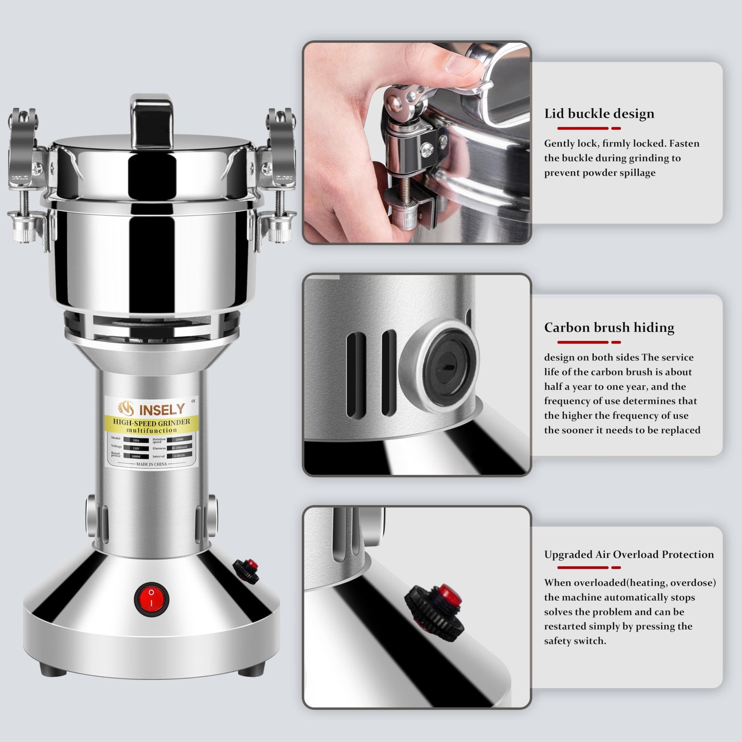 INSELY Grain Mill 150g, flour mill grinder for home, Electric Stainless Steel Grain Grinder for Wheat, Spices, coffee,Corn and Other Dry Food Grinders for Kitchen
