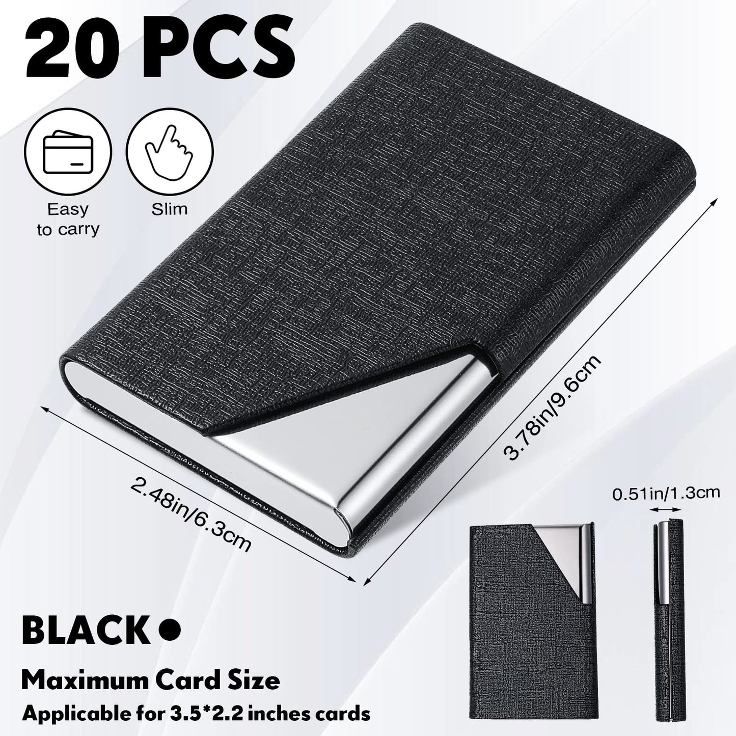 Yexiya 20 Pieces PU Leather Business Card Holder with Magnetic Closure Stainless Steel Slim Wallet Case for ID Credit Card Women Men(Black)