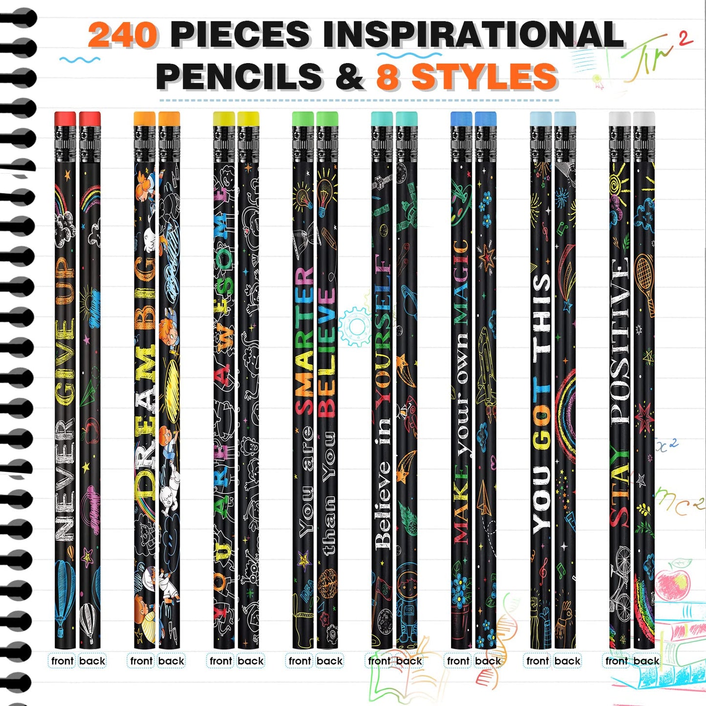Pasimy 240 Pieces Bulk Inspirational Pencils Colorful Cute Motivational Pencil with Eraser Wood Fun Positive Pencils with Inspiring Words Sayings for Students Classrooms Favors Back to School