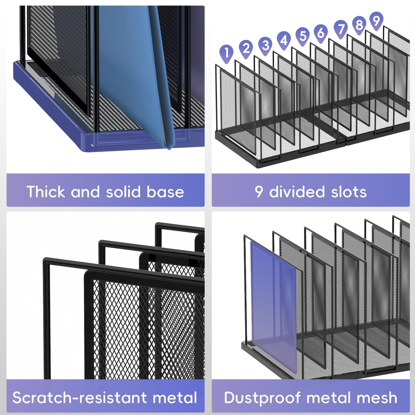 JMHUD 9-Section Desk File Organizer, Vertical File Holder, Mesh Desktop File Folder Metal File Organizer Stand for Office Home Classroom, Black, 2 Pack