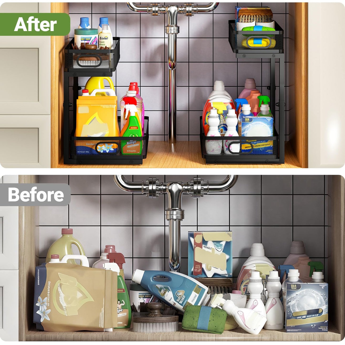 AURIKAR Under Sink Organizer 2-Pack, Metal 2-Tier Pull-Out Cabinet Shelf with Slide-Out Mesh Drawers, Height Adjustable, Space-Saving Under Sink Storage Racks for Kitchen, Bathroom, Laundry Room