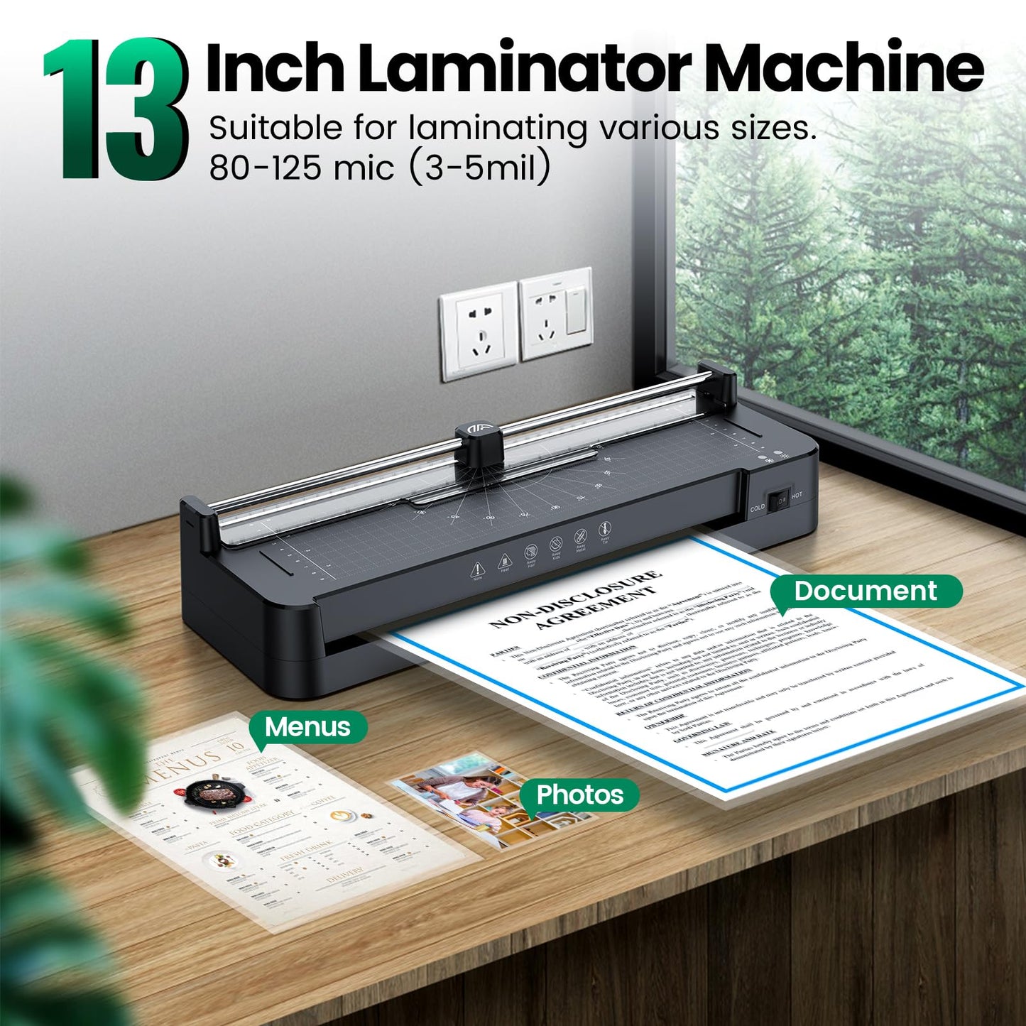 Laminator Machine with 50pcs Laminating Pouches Sheets, 9 in 1 Laminator 13-inch Wide Thermal &Cold Machine Built-in Paper Trimmer Corner Rounder Hole Punch for Home Office School (Black)