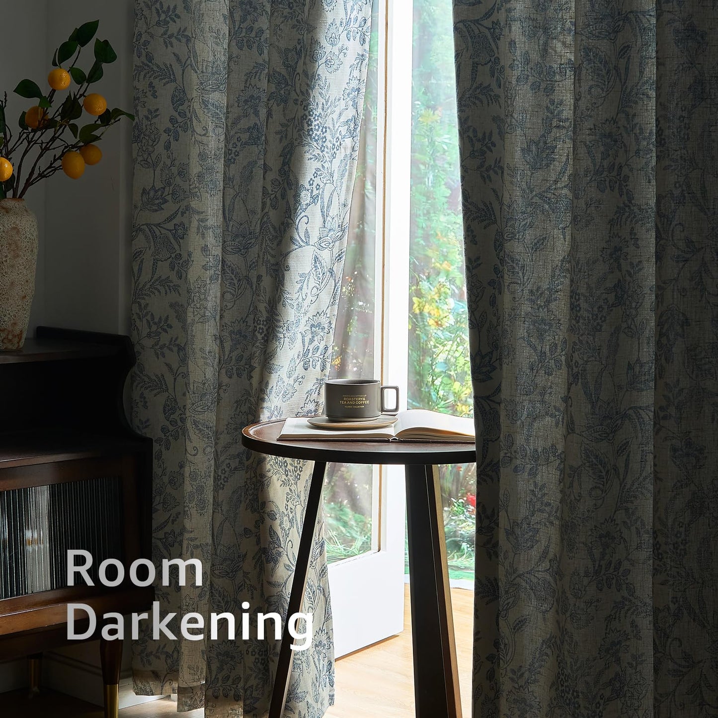 Lazzzy Blue Floral Lined Curtains Farmhouse Linen 84 Inches Length Back Tab Drapes for Living Room Bedroom Flower Patterned Country Vintage 2 Panels Set Rod Pocket Blue on Beige