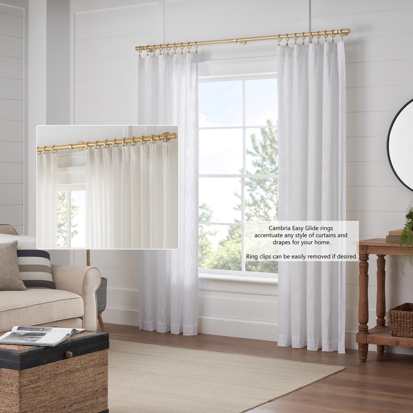 MODE Cambria Designer Series - Premium Easy Glide 18 Count Small Curtain Rings - Metal with Nylon Inserts and Clips - 1 inch Inner Diameter - use for rods 5/8" or Smaller - Brushed Gold