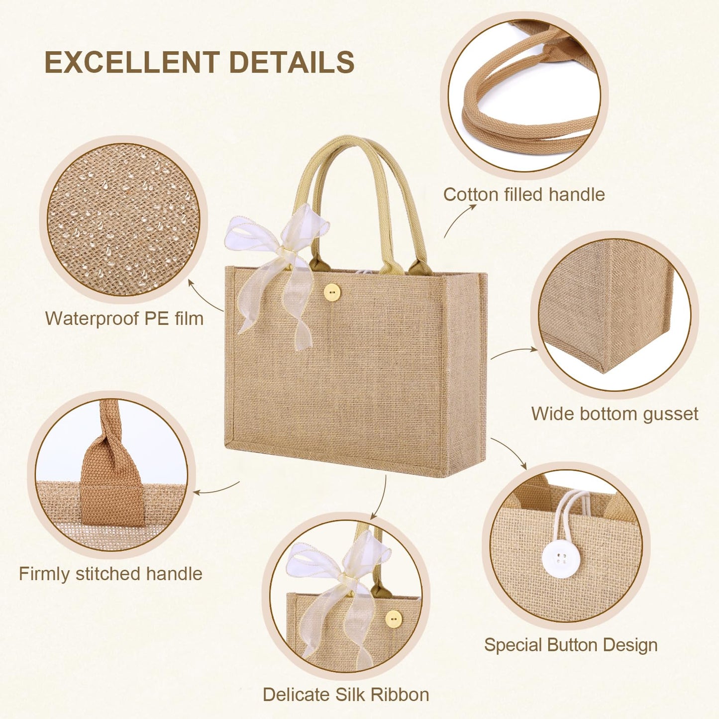 10pcs Burlap Tote Bag Set with Handles, Reusable Grocery Bags with Ribbon 13 x 9.5 x 4.7 Inch Waterproof Natural Jute Tote for Women Bridesmaid Gift Beach Shopping Wedding Travel DIY Embroidery