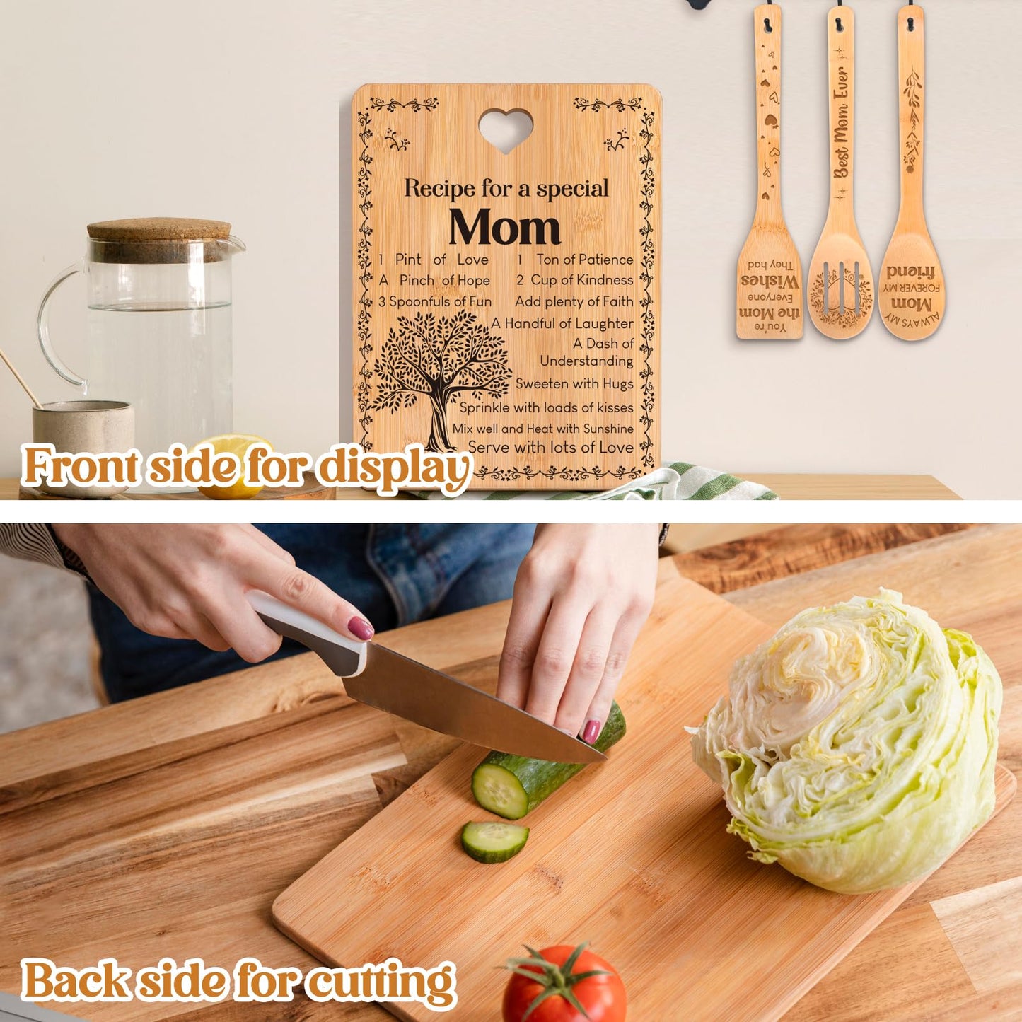 Gifts for Mom - "Recipe for a Special Mom" Mom Birthday Gifts Cutting Board Set, Bamboo-Made Engraved Utensil Set, Birthday Gifts for Mom from Daughter/Son, Mothers Day Gifts