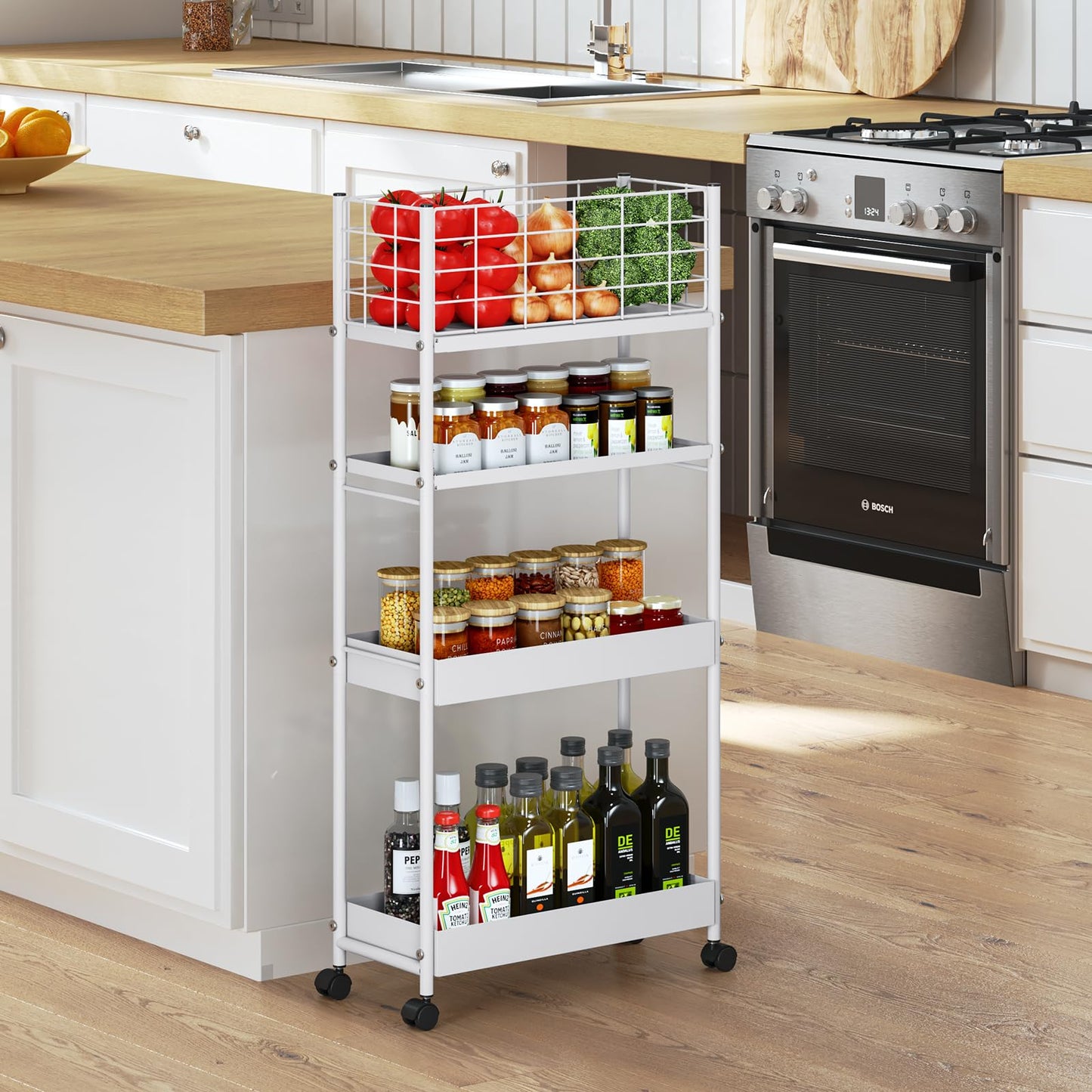 KINGRACK Slim Rolling Storage Cart 4 Tier - Heavy Duty Metal Utility Cart with Raised Edge & Wheels, Narrow Mobile Organizer Shelves for Bathroom, Kitchen, Laundry, Office, Living Room, White