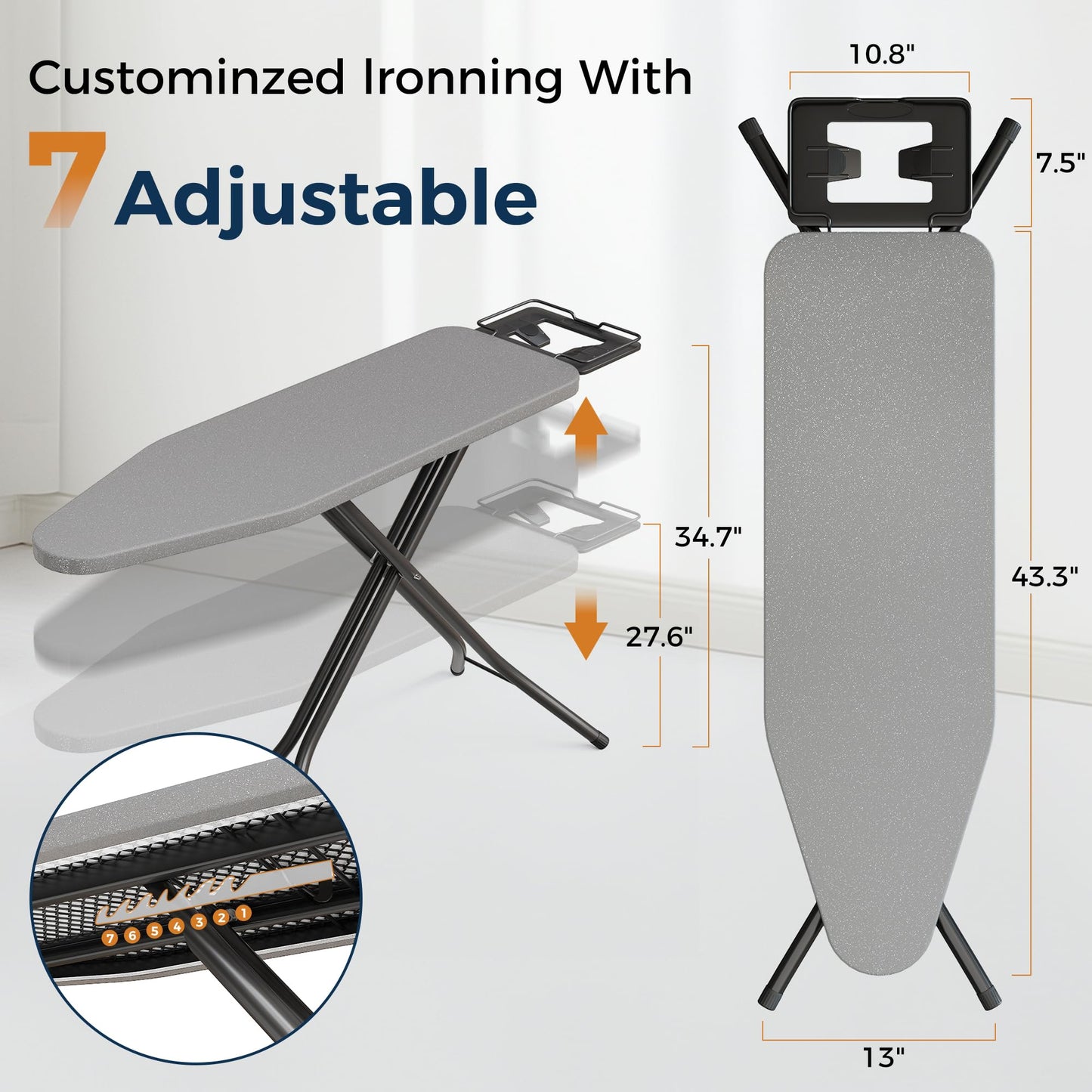 BEWISHOME Foldable Ironing Board, Compact Iron Board with 7 Adjustable Heights and Safety Iron Rest, Ironing Stand with Cover and Pad for Heat Resistance, for Laundry Room 43" X 13" Grey KYB01B