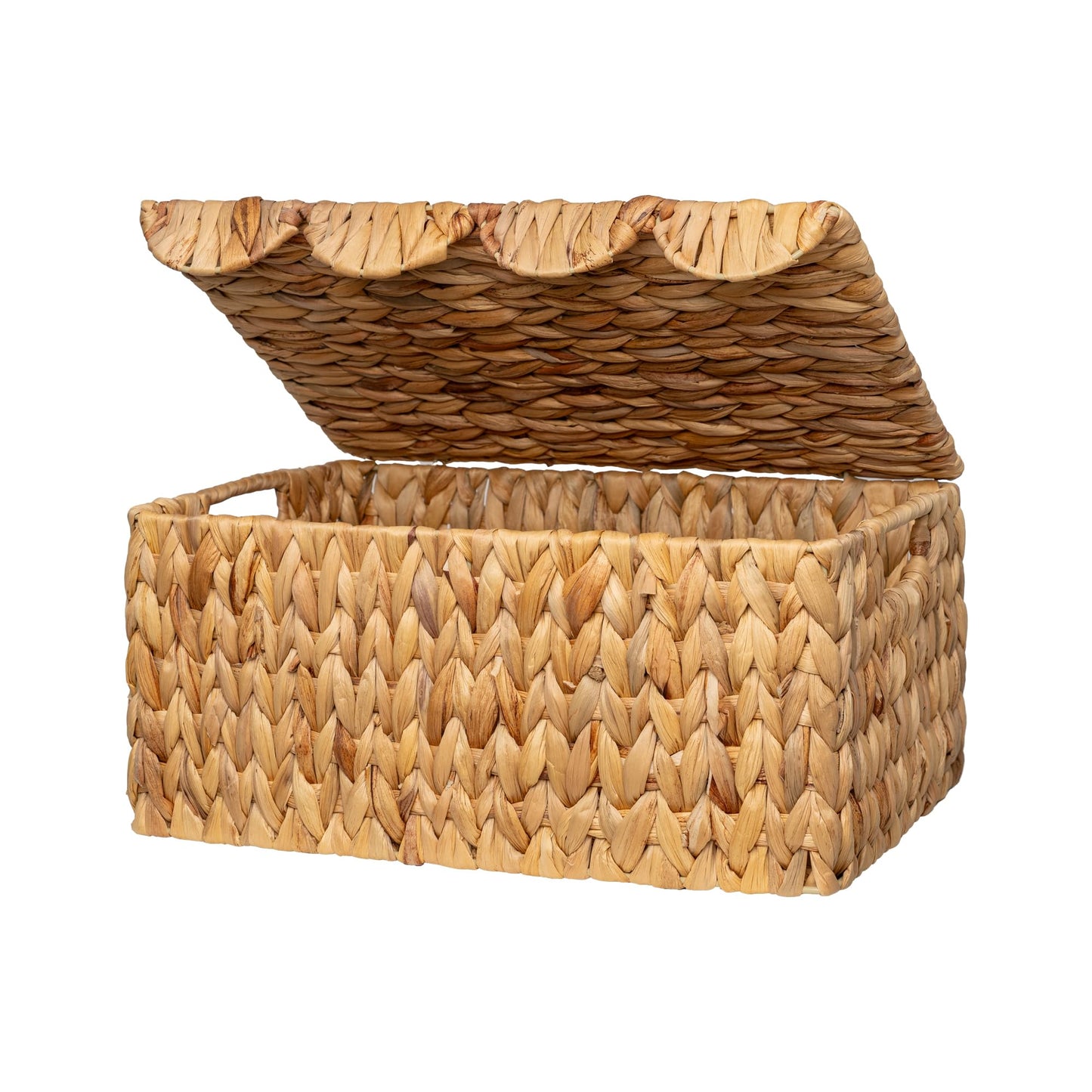 StorageWorks Wicker Basket with Scalloped Edge Lid, Water Hyacinth Basket with Built-in Handles, Handwoven Wicker Box for Living Room, 15" L x 11 ¼" W x 7" H