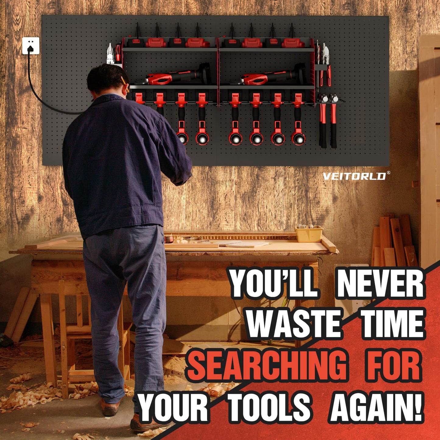 Power Tool Organizer with Charging Station, Heavy Duty Modular Wall Mount Rack for Garage & Shed Organization, 4 Drill Holders, Fathers Day Anniversary Birthday Gifts for Men Dad Him Husband(Red)