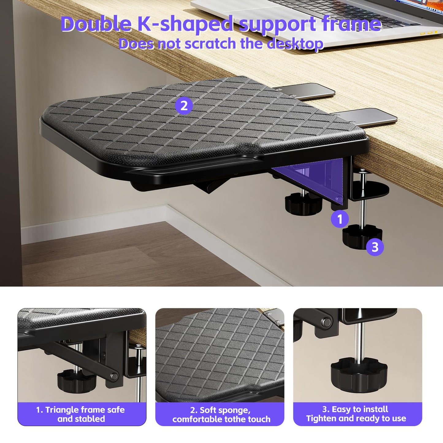 Arm Rest for Desk, 90°Foldable Computer Wrist Rest Shelf with Sponge Padding, Clamp on Arm Support, Ergonomic Sturdy Desk Extender for Office & Home, Durable & Easy to Install (All Black)