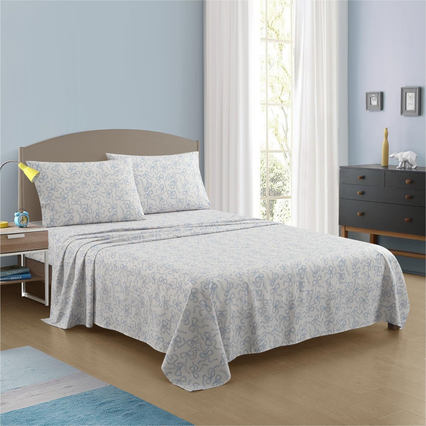 Urban Lifestyle 4-Piece Full Sheet Set,Coquette Bow Design in Baby Blue, Includes Fitted Sheet, Flat Sheet & 2 Pillowcases,Soft & Stylish Bedding for Girls and Teens