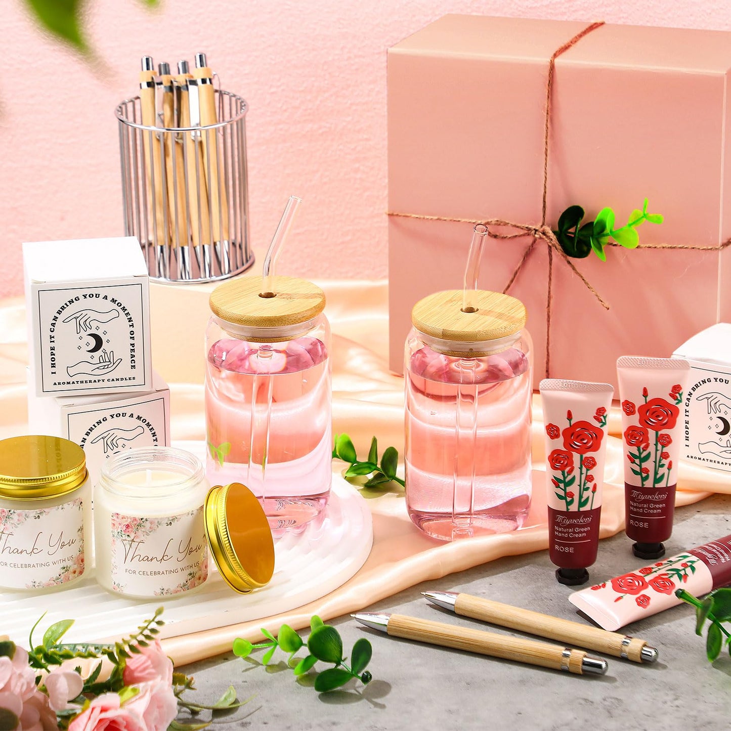Reallnaive 6 Sets Baby Shower Prizes for Game Winners, Baby Shower Favors Including Glass Cup Scented Candles Hand Cream Pens Gift Box with Raffia for Gender Reveal Wedding Bridal Party Prizes(Pink)