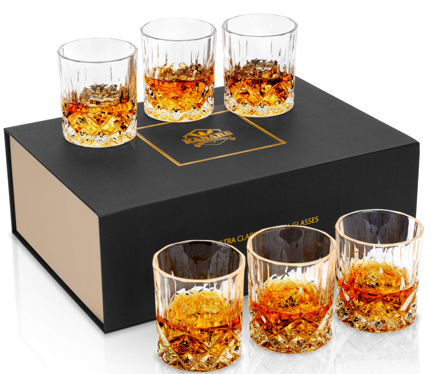 KANARS Whiskey Glasses Set of 6 with Elegant Gift Box,10 Oz Premium Old Fashioned Crystal Glass Tumbler for Liquor, Scotch, Cocktail or Bourbon Drinking, Gifts for Birthday Thanksgiving Christmas