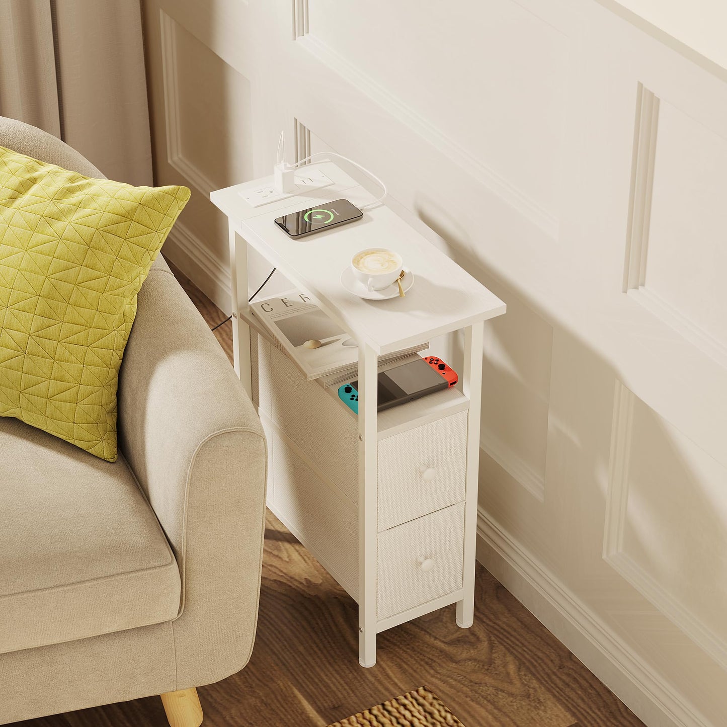 TRIFEBLE End Table with Charging Station, Narrow Side Table with 2 Fabric Drawers, Skinny Nightstand with LED Light, Slim Bedside Table for Bedroom, Living Room, Small Spaces, White