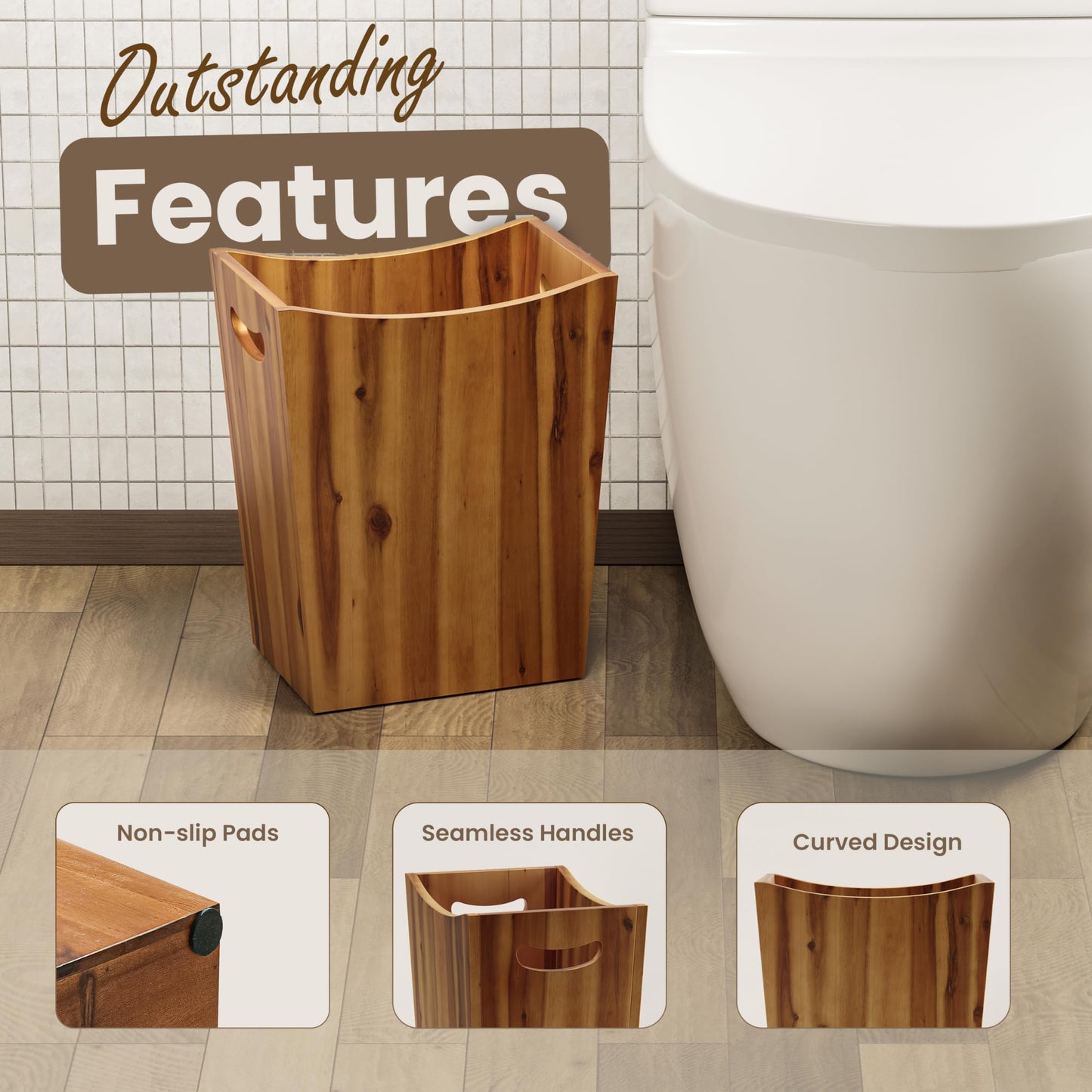 Tidita 2 Gallon Acacia Wooden Bin, Wastebasket – Small Trash Can, Decorative Bathroom Trash Can, Waste Basket for Bedroom, Office Garbage Can, Wood Bathroom Accessories, Boho Bedroom Decor