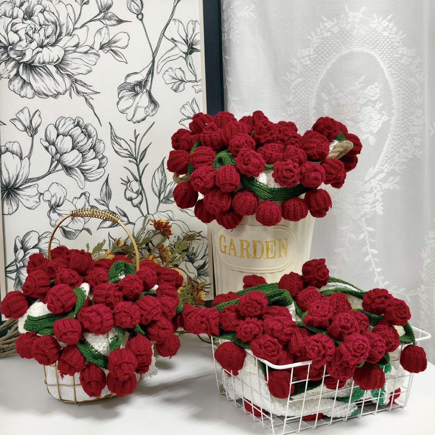 SoffMoiis Crochet Flowers Bouquet Blanket, Handmade Rose Blanket, 32 Inch Round Floral Soft and Romantic Gifts for Birthday, Mother's Day,Valentine's Day, Home Decor, Bed, Sofa